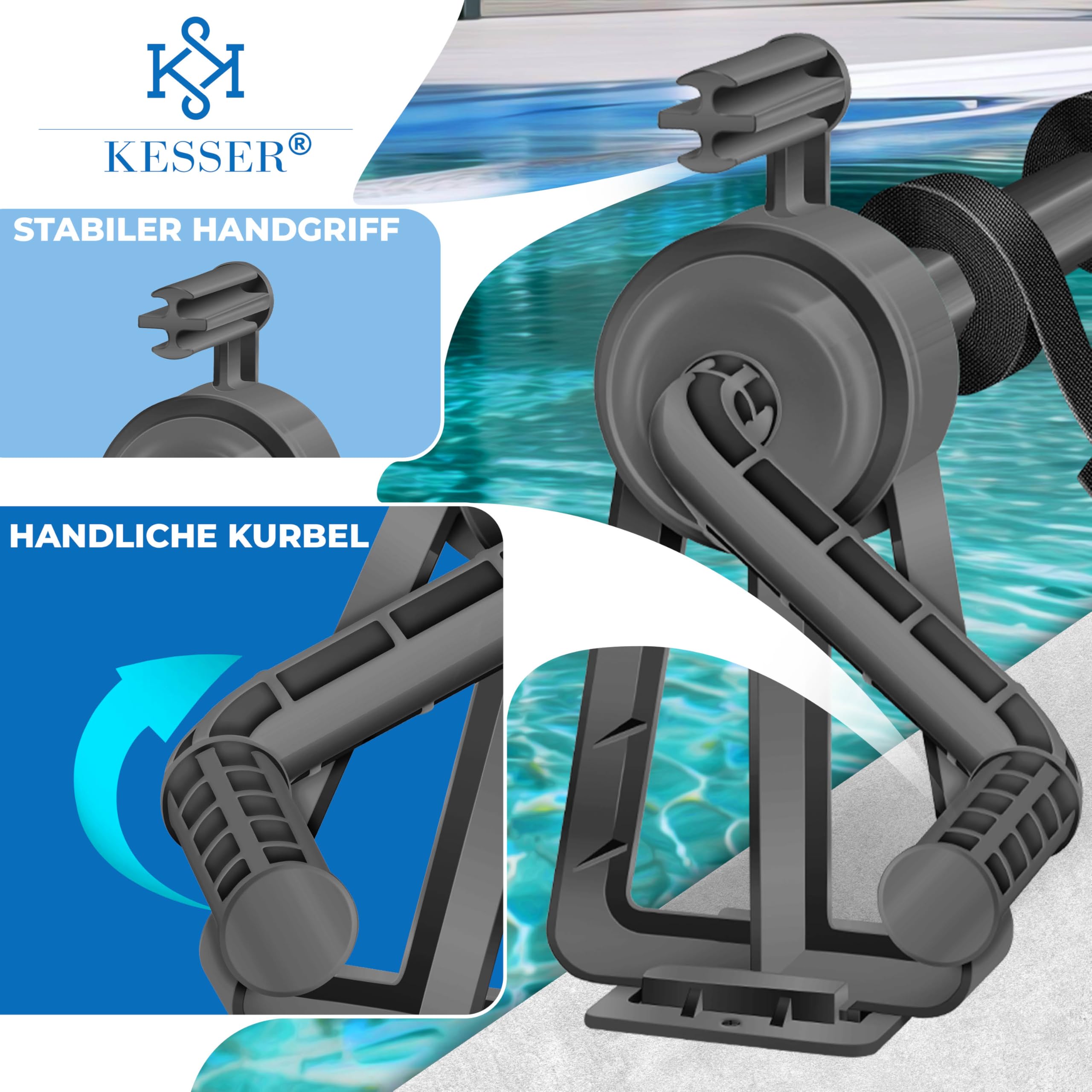 KESSER® Pool Aufroller Premium Aufrollsystem 1,05m - 6,15 m für Solarplane | mobiles Aufrollvorrichtung für Poolplane & Abdeckung inkl. Bänder, Bürste & Handschuhe | witterungsbeständiges Material