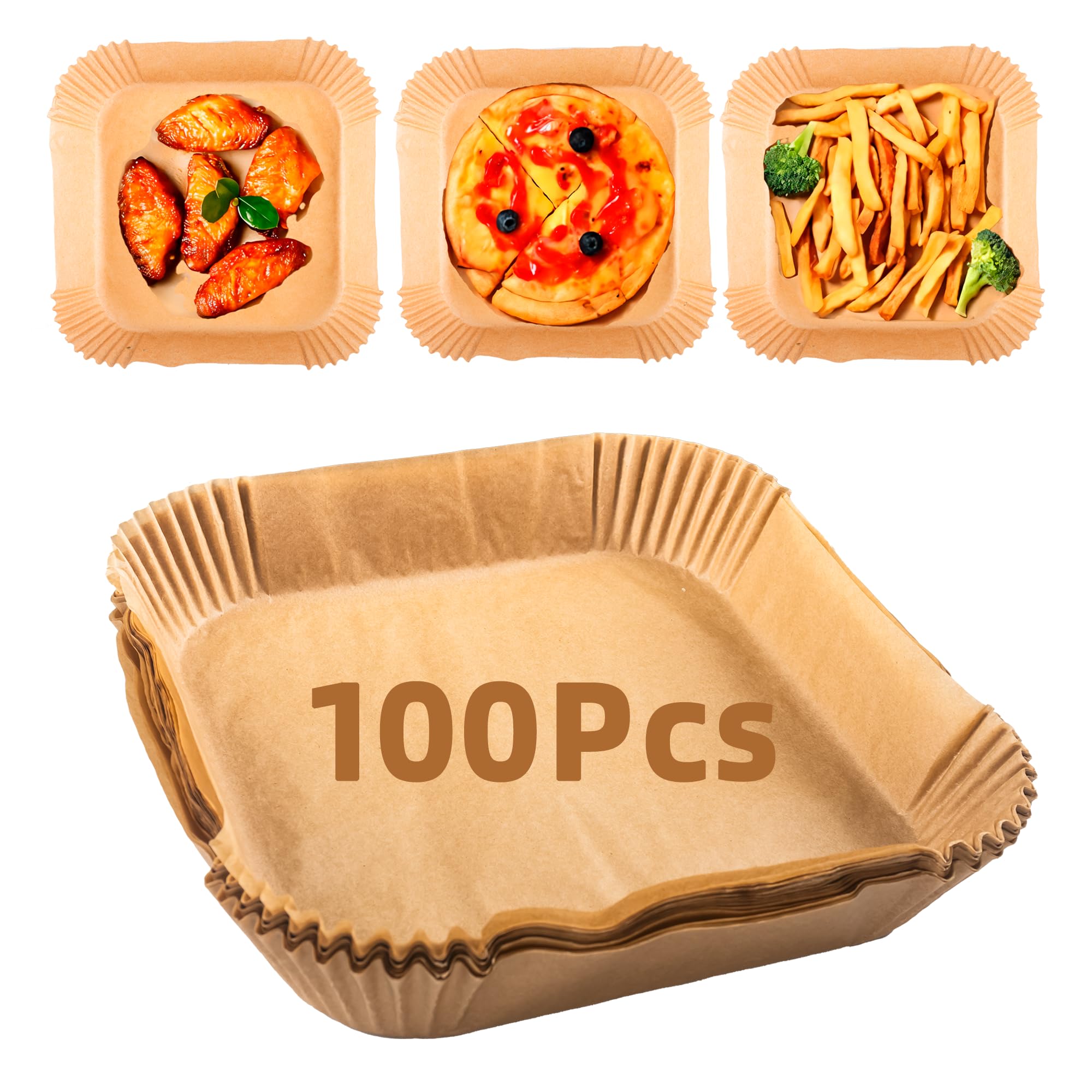 100 Pcs Papel Freidora Aire, Papel Air Fryer Cuadrado 20x20 cm, Accesorios Freidora de Aire, Air Fryer Paper, Papel para Hornear para Freidora de Aire Caliente Microondas (100)