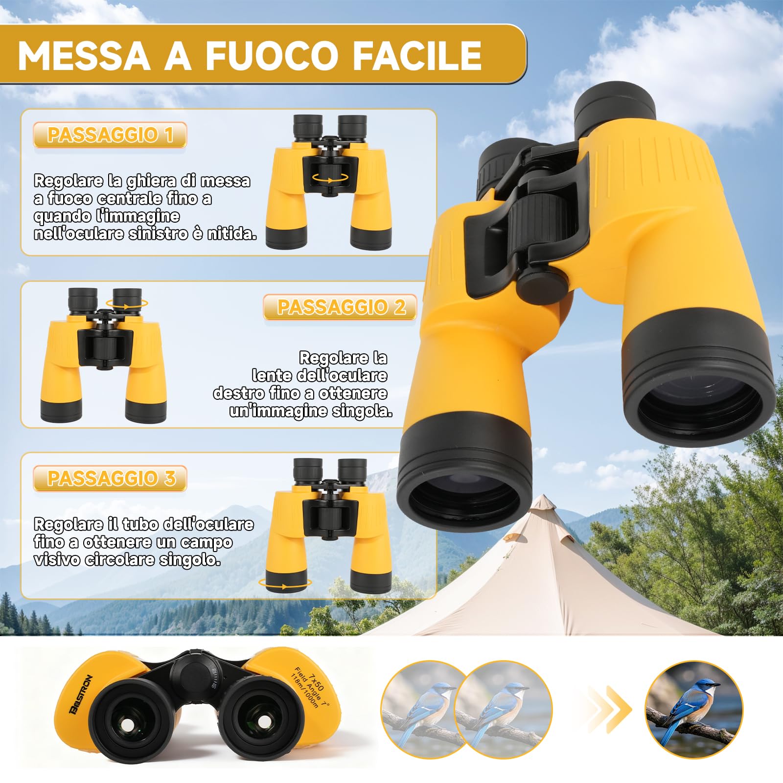 Binocolo 7x50 Professionale per Adulti, Binocolo Impermeabile e Galleggiante, con Prismi BAK4 e Lenti FMC, per Nautica, Caccia, Pesca e Sport, Colore Giallo