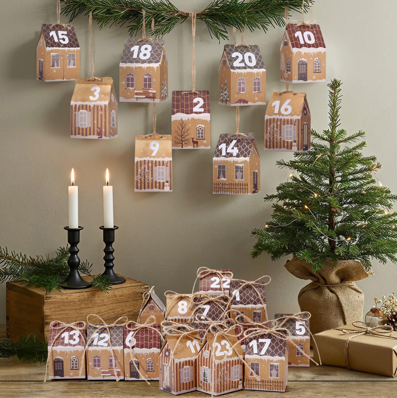 GWHOLE Calendrier de l'Avent Vide a Remplir Soi Meme, 24pcs Boite Calendrier de l'avent Maison Reutilisable en Papier Kraft pour DIY Cadeau Mural Décoration Sapin Noel