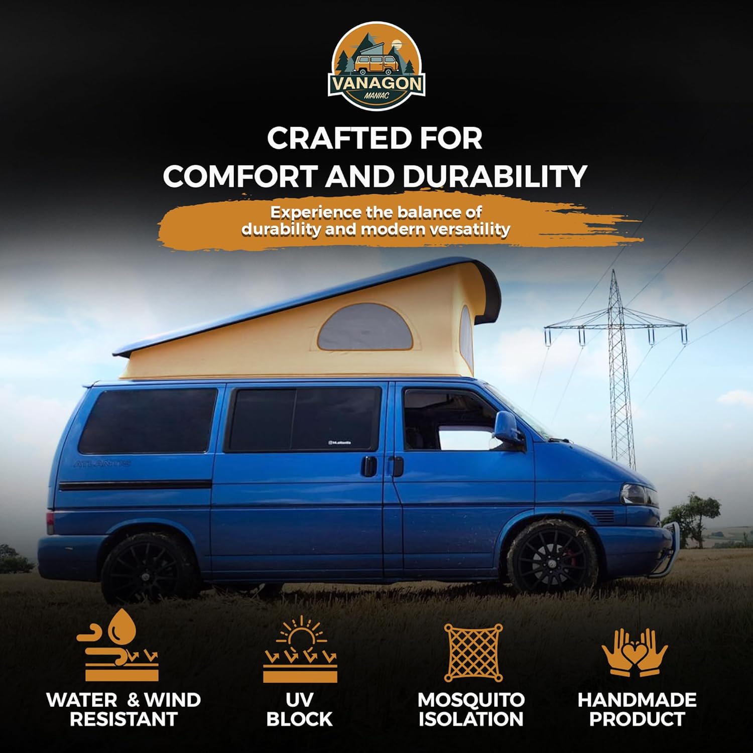 Roof Top Tent Camping 3 Window Roof Tent Pop Top Camper Canvas Compatible with VW T4 Eurovan Weekender Short Wheel Based SWB Camper - 2 Person Rooftop Tents