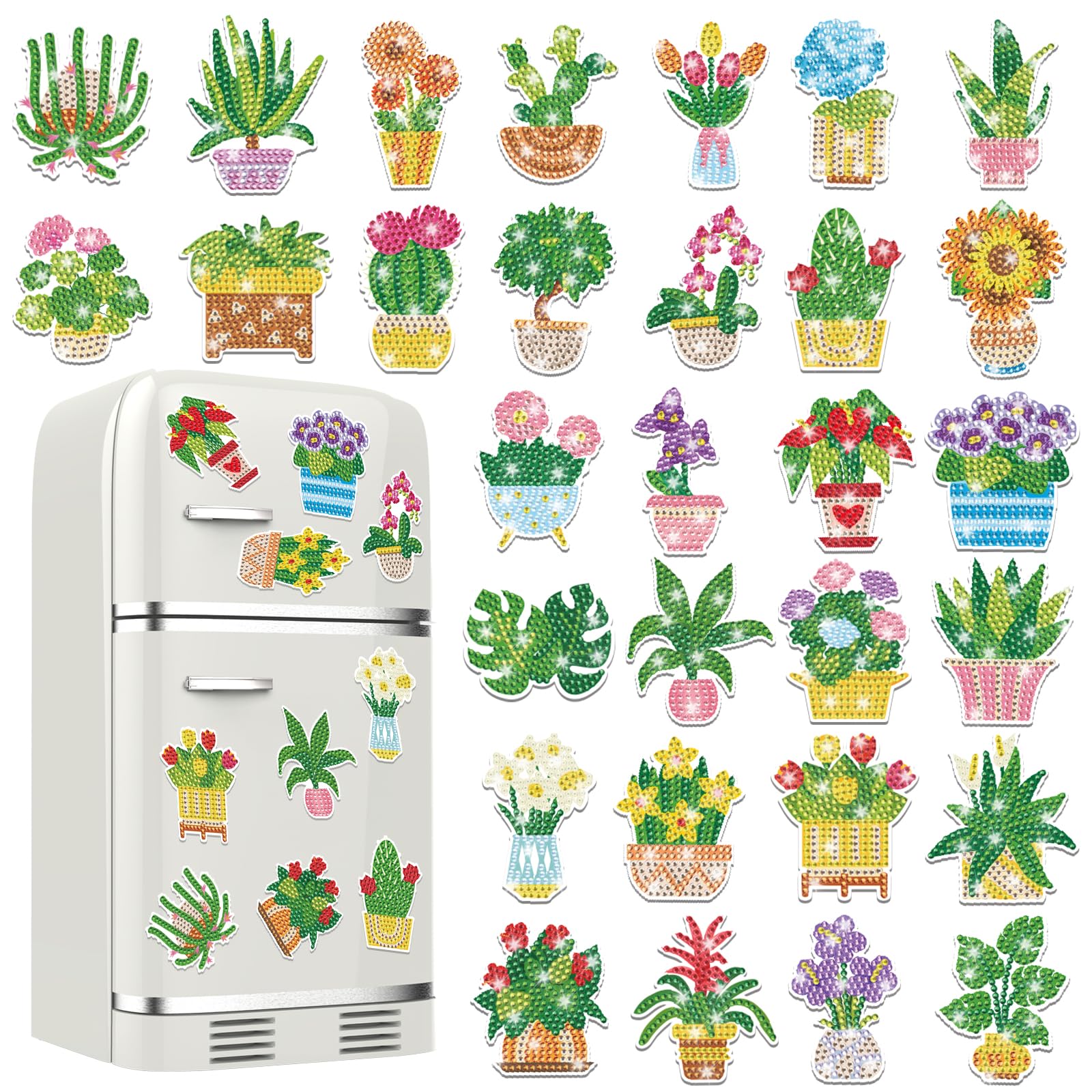 chiazllta 30 Pcs Summer Diamond Painting Magnets Flower Arts Crafts Kit Flower Refrigerator Magnetic Sticker Diamond Fridge Magnet for Adults DIY Home Decoration