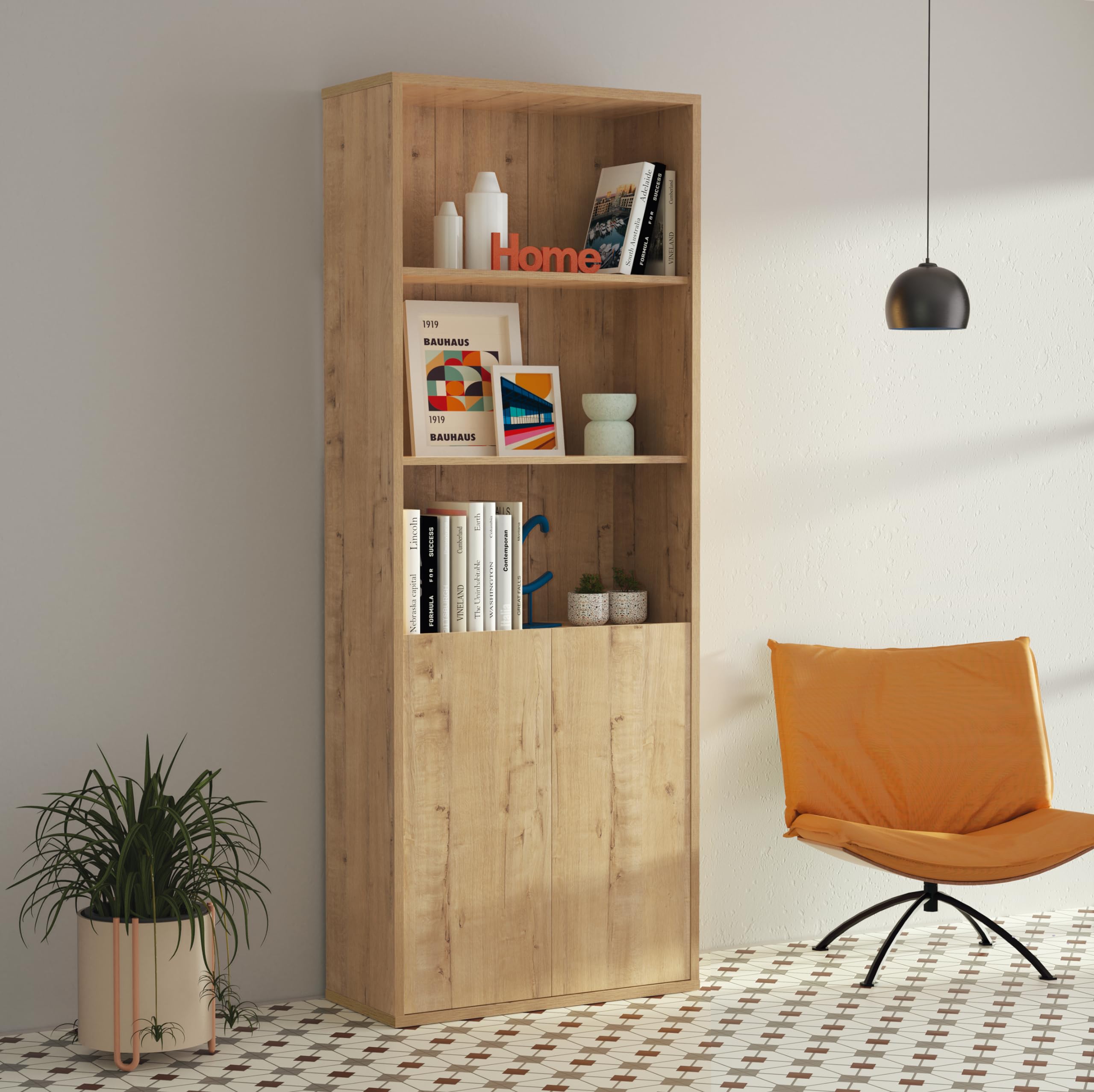 Muebles Pitarch | Librería de Oficina o Despacho,2 Puertas y 4 Estantes, Librería de Salón, Roble Gold, 196,5x75,5x33cm ,Básica, Elegante y Resistente