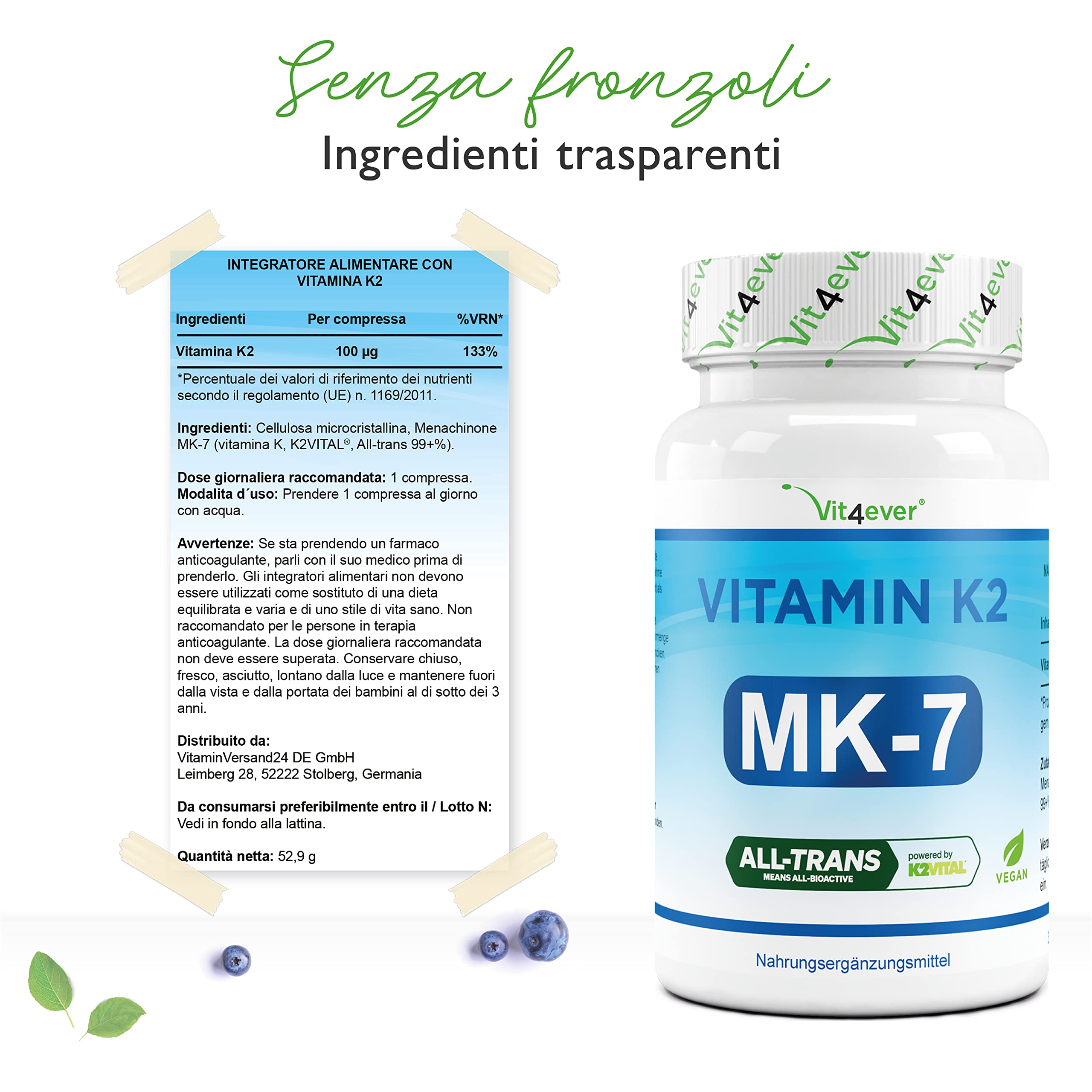 Vitamina K2-365 compresse - Materia prima premium: vera K2 con il 99,7+% di MK7 completamente trans (K2VITAL® by Kappa) - Dosaggio elevato - Vegano