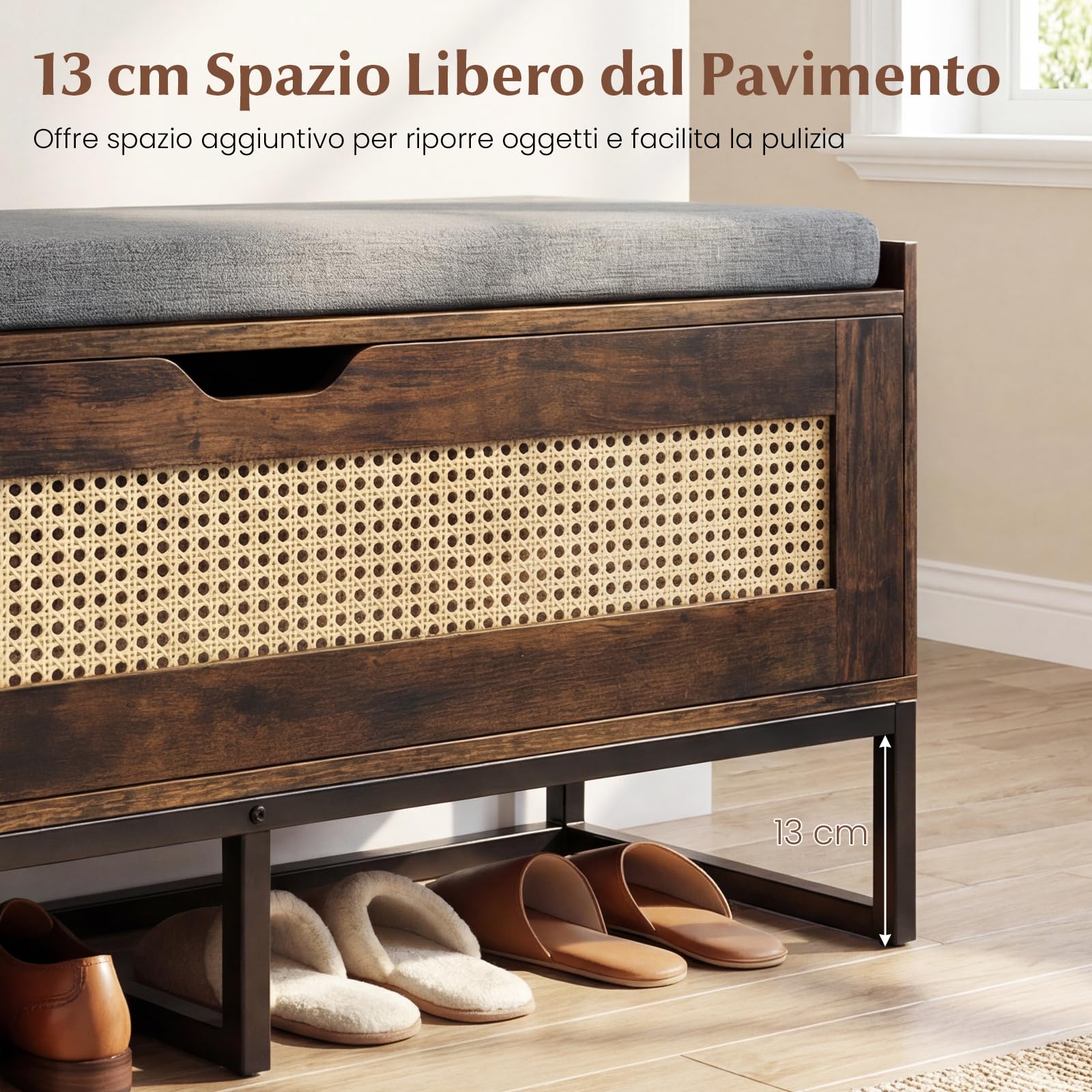 COSTWAY 71L Panca Scarpe con Seduta Imbottita, Cassa Portaoggetti in Rattan con Coperchio Ribaltabile, Panchina da Ingresso con Spazio Nascosto, 100x35x44 cm (Marrone)