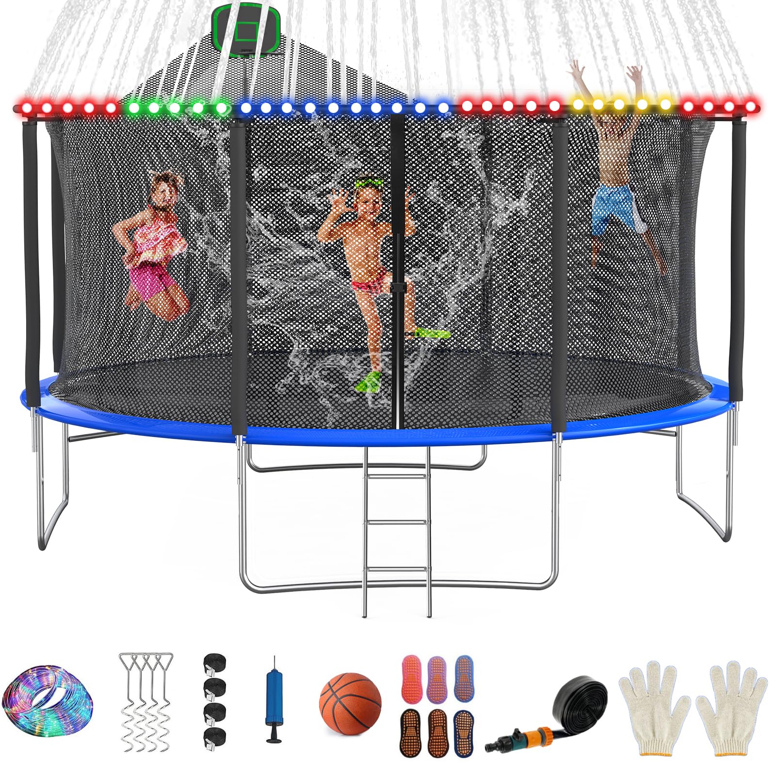 12FT 14FT 16FT Tranpoline for Adults and Kids, 1500 LBS Outdoor Tranpoline with Light, Sprinkler, Socks, Outdoor Recreational Tranpoline Heavy Duty - ASTM CPC CPSIA