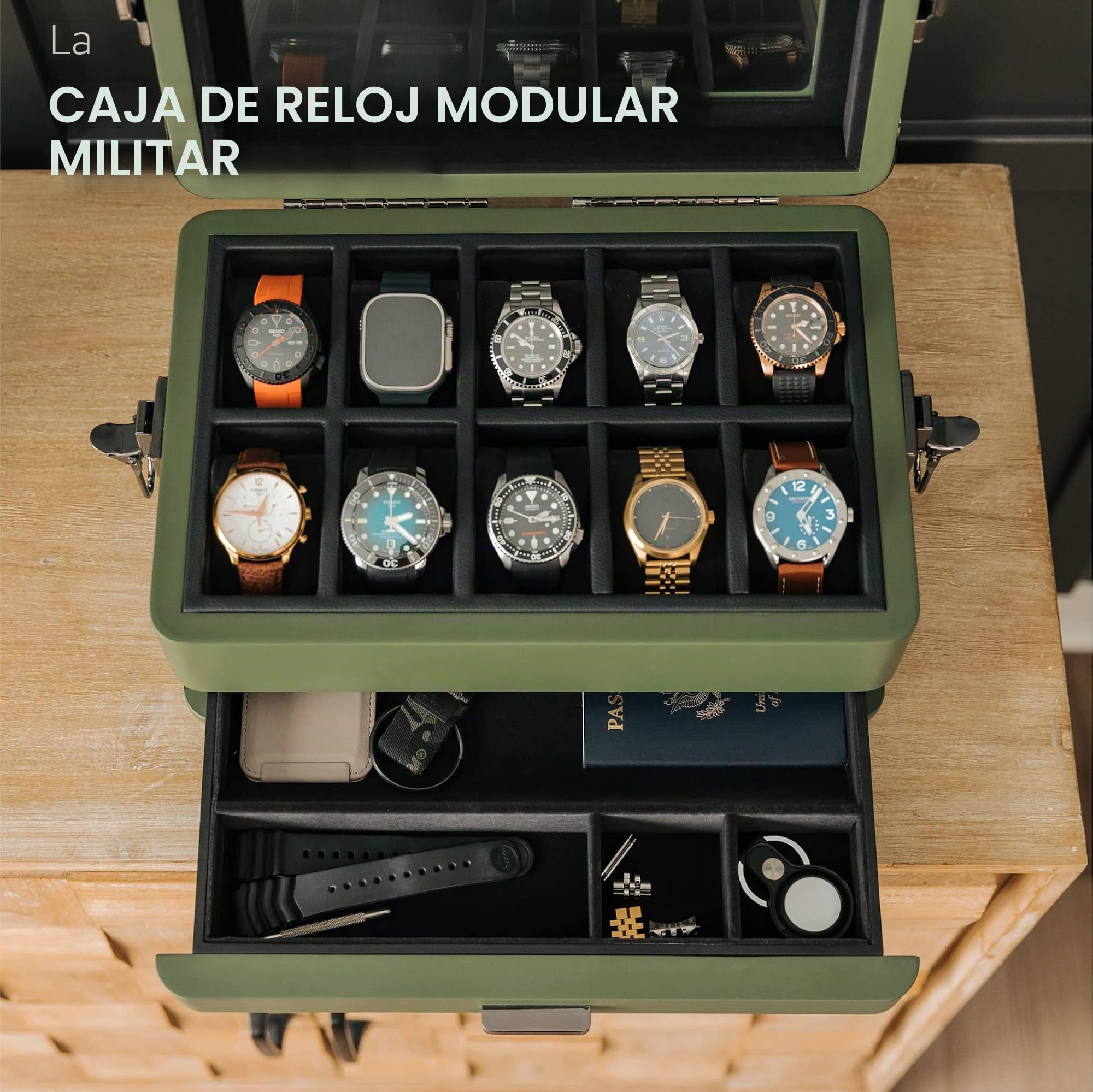 CASE ELEGANCE Caja organizadora militar para reloj con 10 ranuras para hombres, parte superior de cristal real, bandeja de valet modular, reloj Apple compatible con soporte para reloj Apple, verde