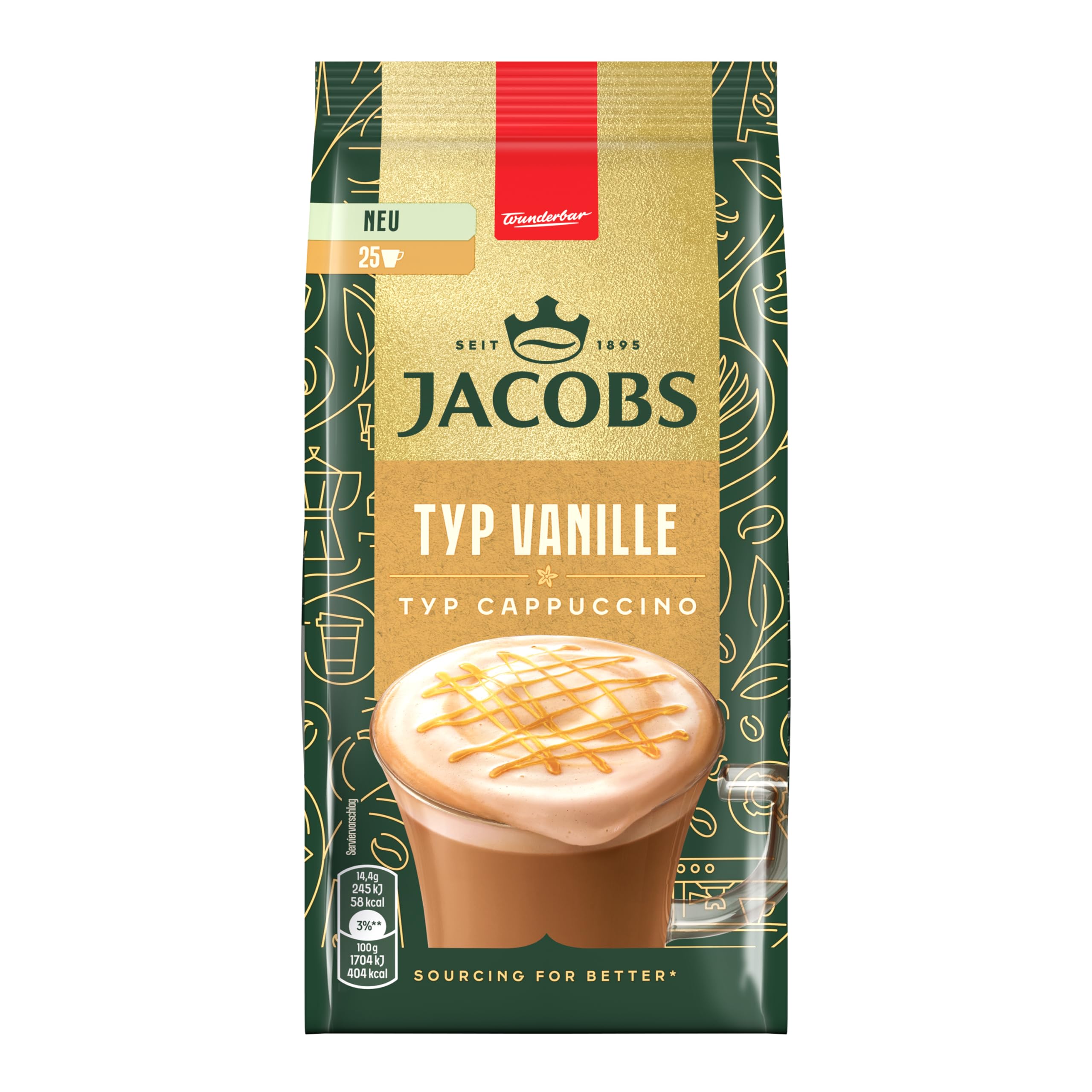 Jacobs Typ Cappuccino Vanille, Getränkepulver mit löslichem Bohnenkaffee, Instant Kaffee, für 25 Getränke, 360 g
