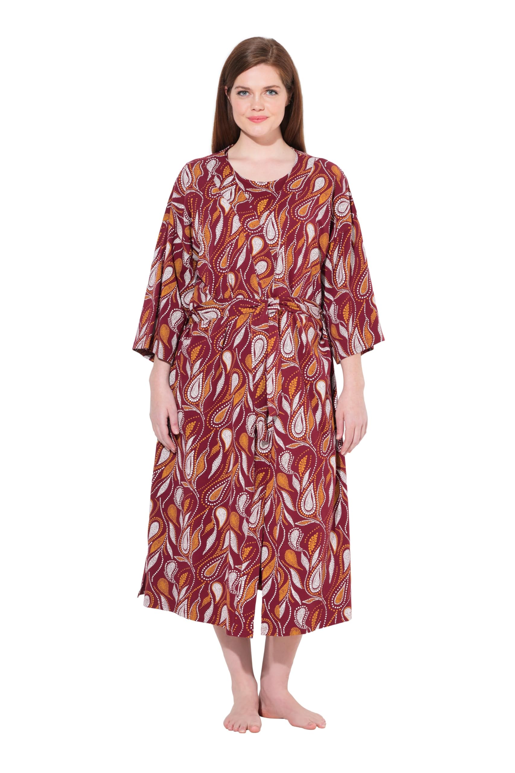 Ulla Popken Damen große Größen Übergrößen Plus Size Bademantel, Paisley, Kimono-Form, 3/4-Arm, Biobaumwolle 843045