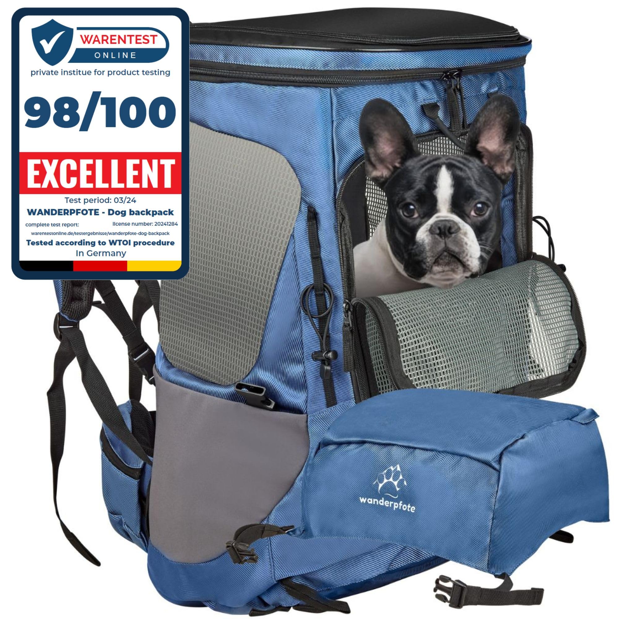 Wanderpfote Mochila para perros de trekking de hasta 10 kg para senderismo, talla M, color balu – Mochila premium con sistema de transporte de altura ajustable y espacio para equipaje