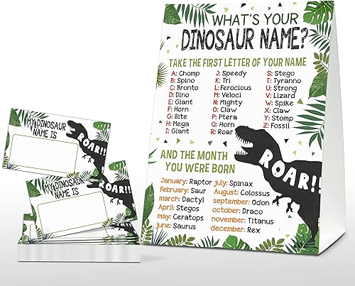What Your Dinosaur Name Game - Juegos de fiesta de cumpleaños de safari en la selva para niños, actividad de aula en la escuela familiar, 1 letrero