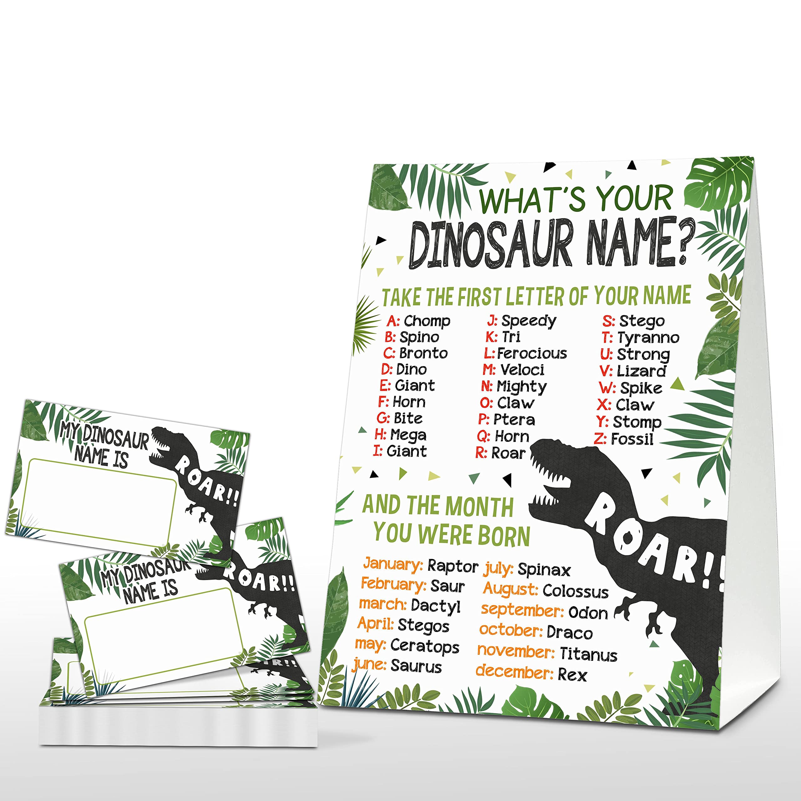 Foosproea What's Your Dinosaur Name Game - Safari Jungle Birthday Party Games for Adults - Family Activity - 1 Standing Sign and 30 Stickers - Adults