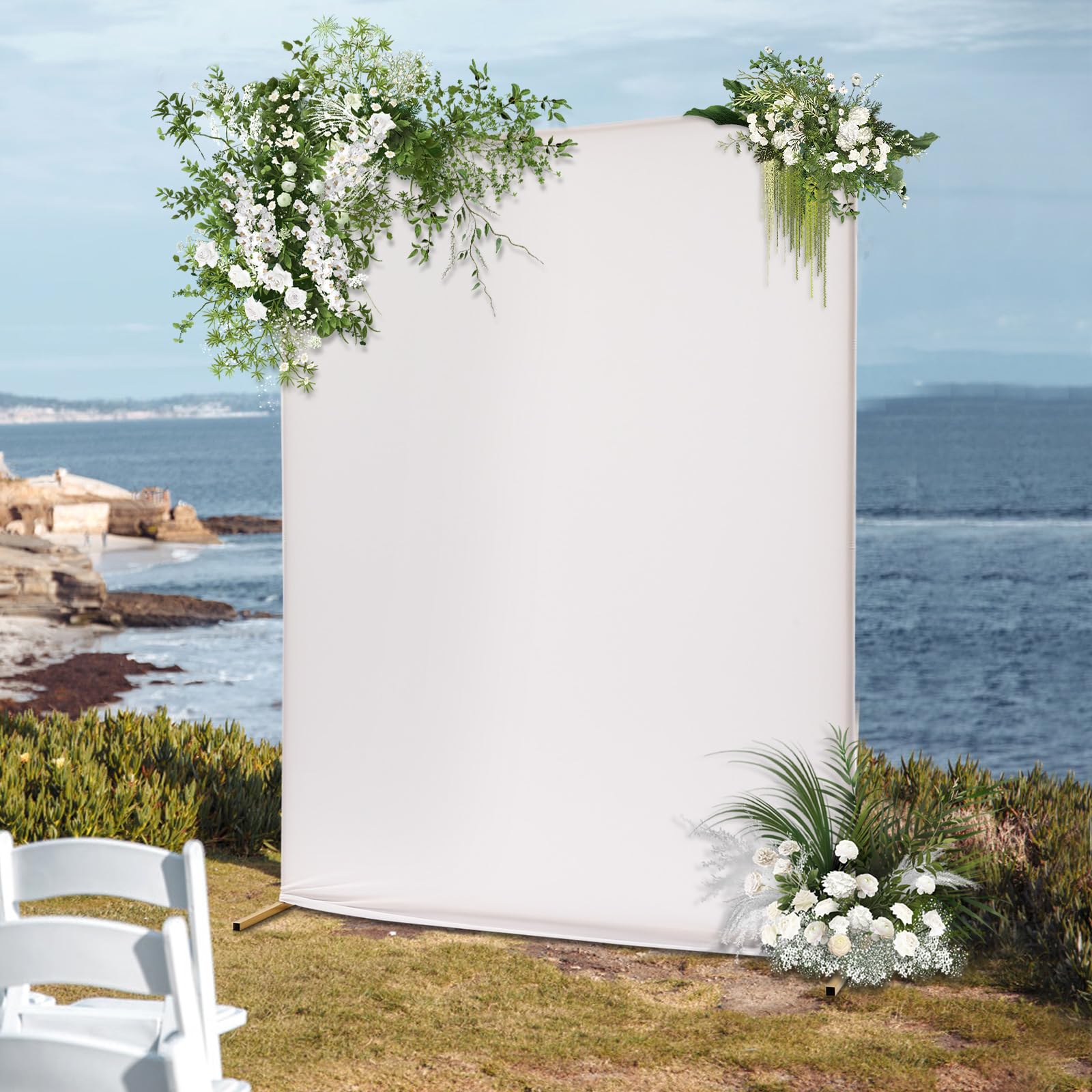 1,5 m x 2 m Marco de metal dorado con cubierta de fondo, arco de boda de metal cuadrado para fiestas, decoración, cabina de fotos, soporte de fondo (con funda de fondo blanco)