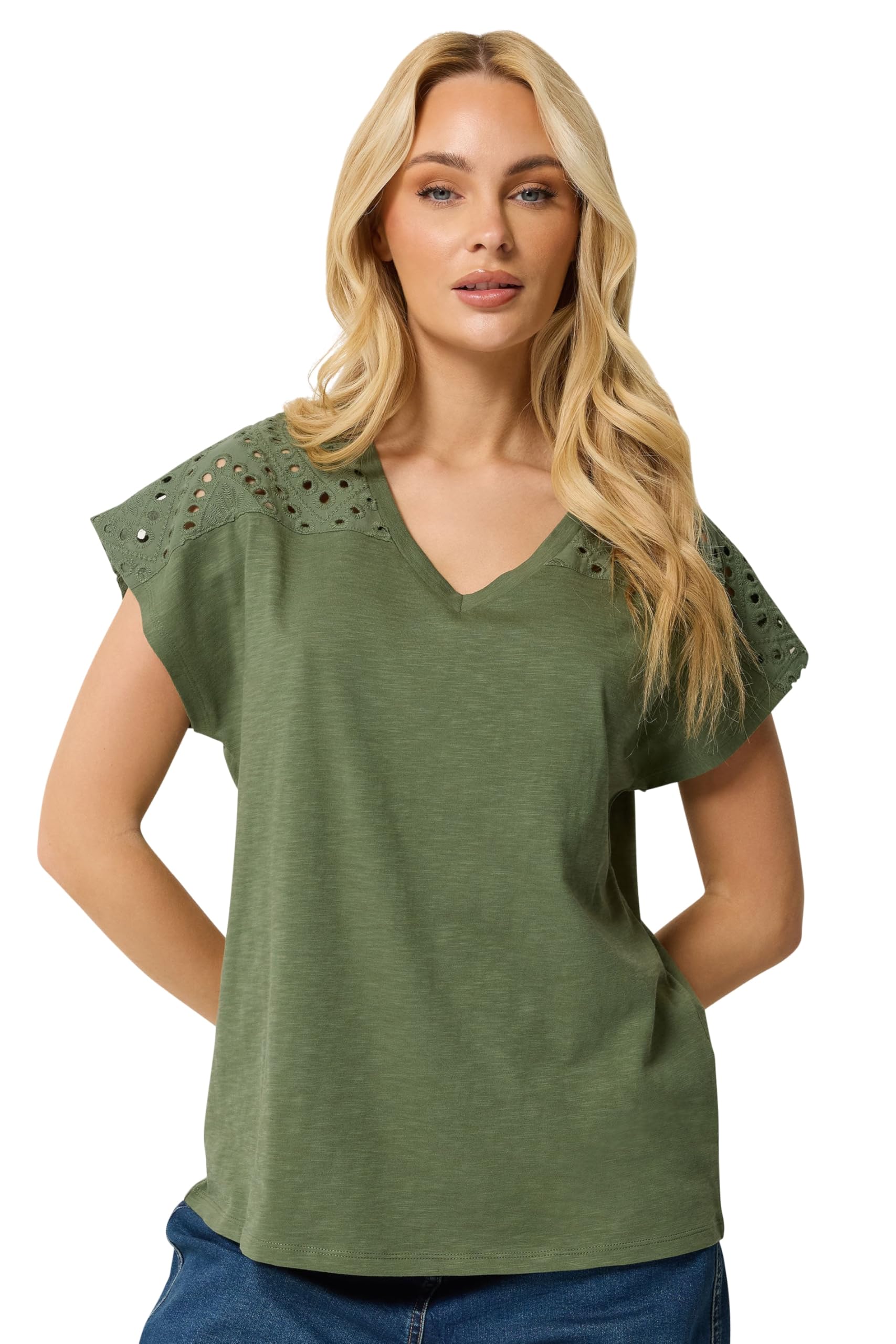 M&Co Women's Khaki Green Broderie V-Neck Cotton T-Shirt