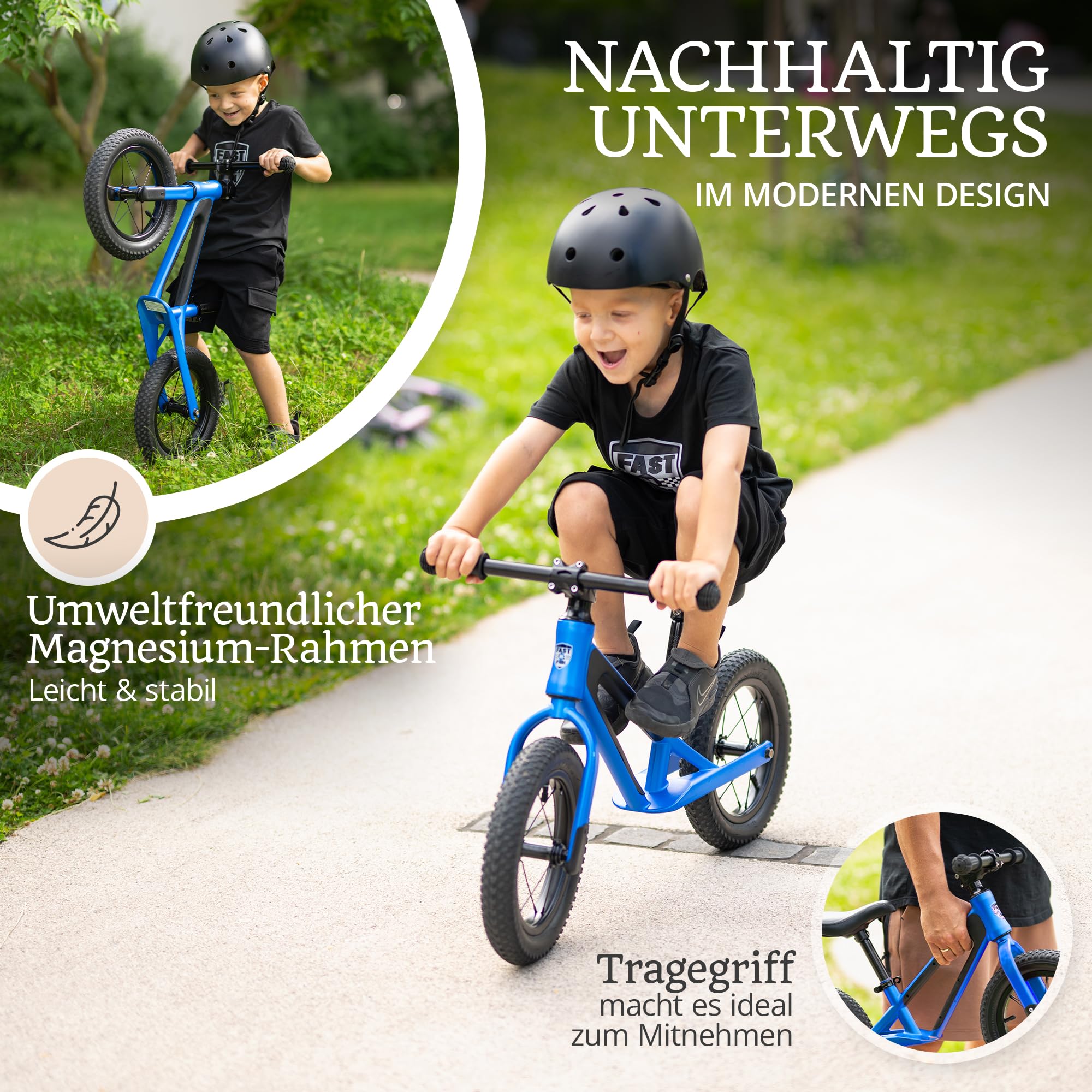 Laufrad ab 2 Jahre [mit Helm] Kinderfahrrad Laufräder | Balance Bike 12" Tragegriff Fußstütze ergonomischer Sitz [höhenverstellbar] Luftreifen Lauflernrad Outdoor Spielzeug Fahrrad Kinder