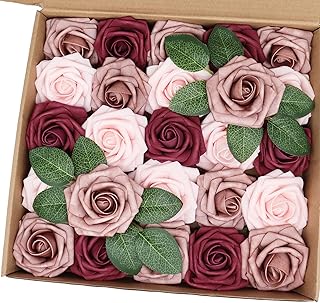 Artificial Flowers 25PCS Real Looking Blush & Dusty Rose & Burgundy Fake Roses with Stem for DIY Wedding Bouquets Centerpieces Baby Shower Party Home Decorations