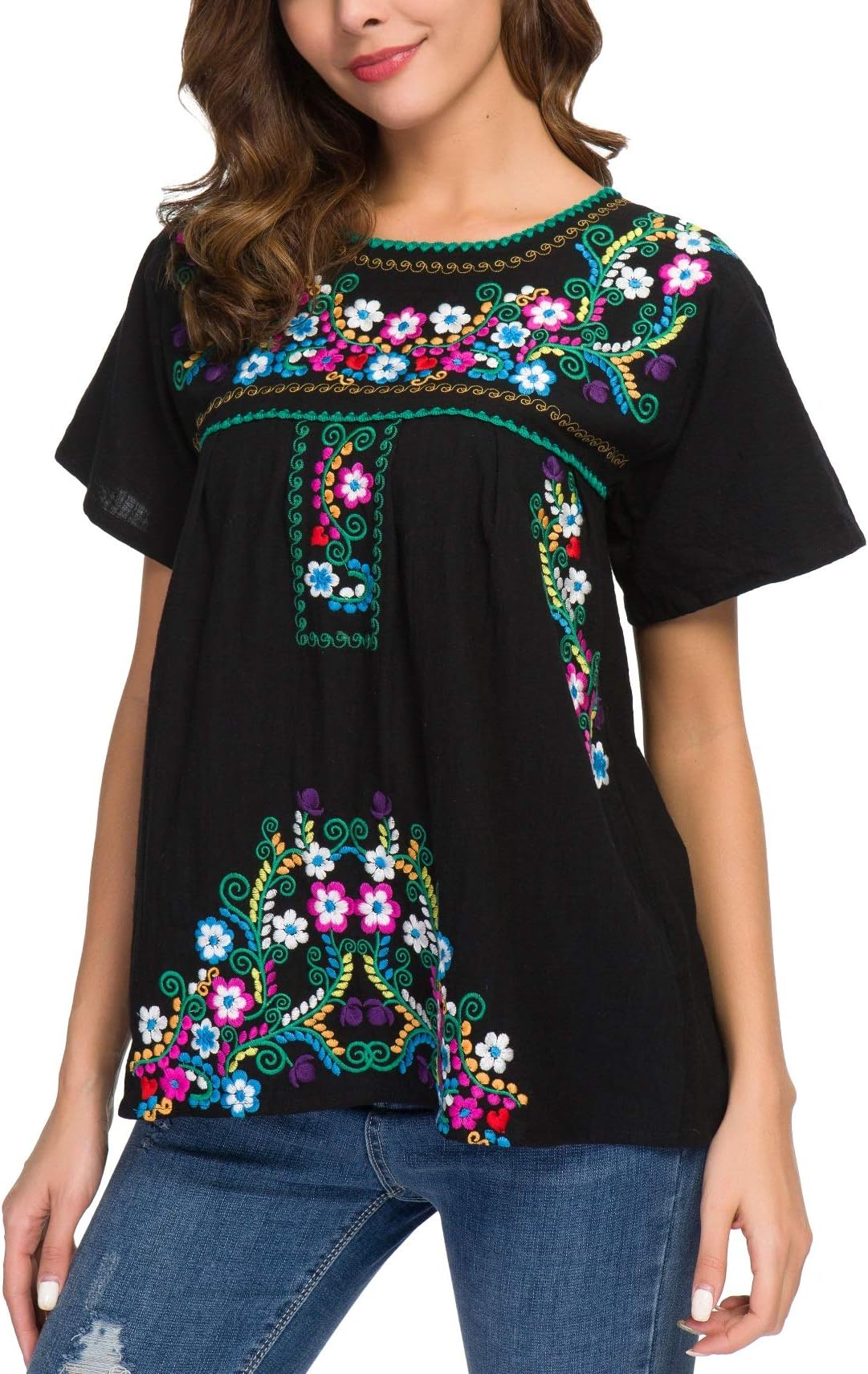 Women's Embroidered Mexican Peasant Blouse Mexico Summer Shirt Short Sleeve