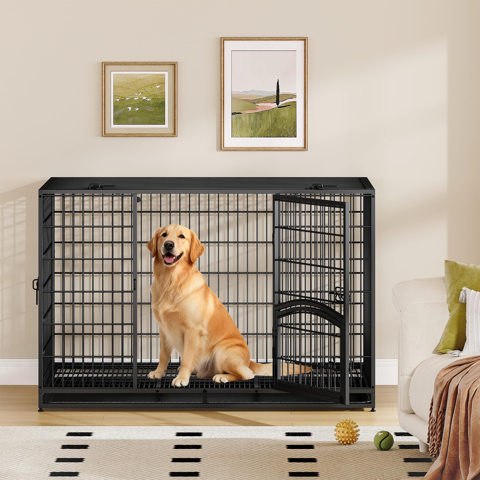 Hundekäfig Hochbelastbar, XXL Gitterbox für Zuhause, 4-Türiger Hundebox Metall mit Seitentür und Herausnehmbares Bodenschale, Leicht zu Reinigen, Haustierkäfig, Schwarz, 122 x 74,5 x 80,5 cm