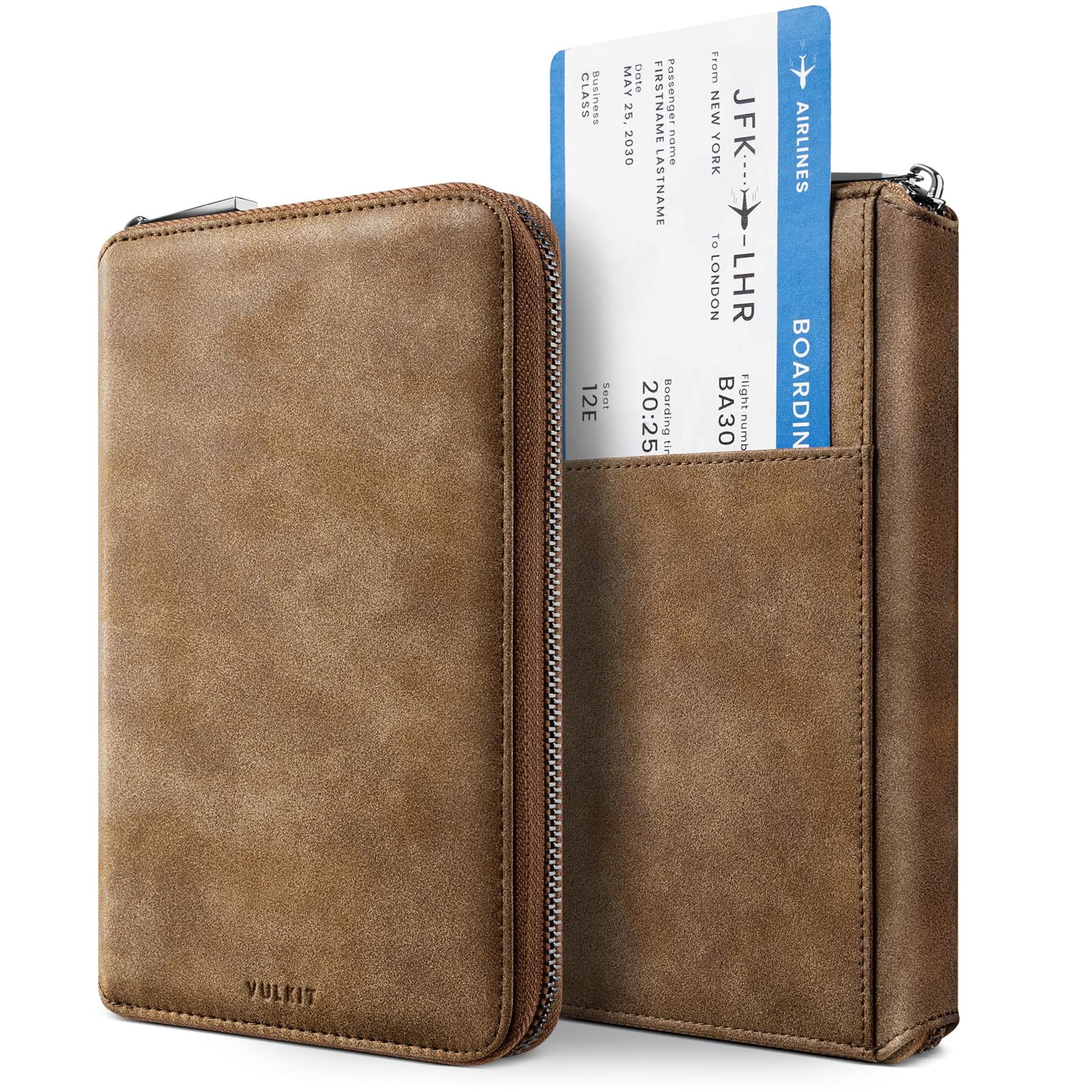 VULKIT Funda Pasaporte Familiar para 3-4 Pasaportes Protección RFID Portadocumentos Viaje Mujer & Hombre Porta Pasaport para Billetes, Dinero, Tarjetas, Tarjeta SIM, Bolígrafo - Marrón