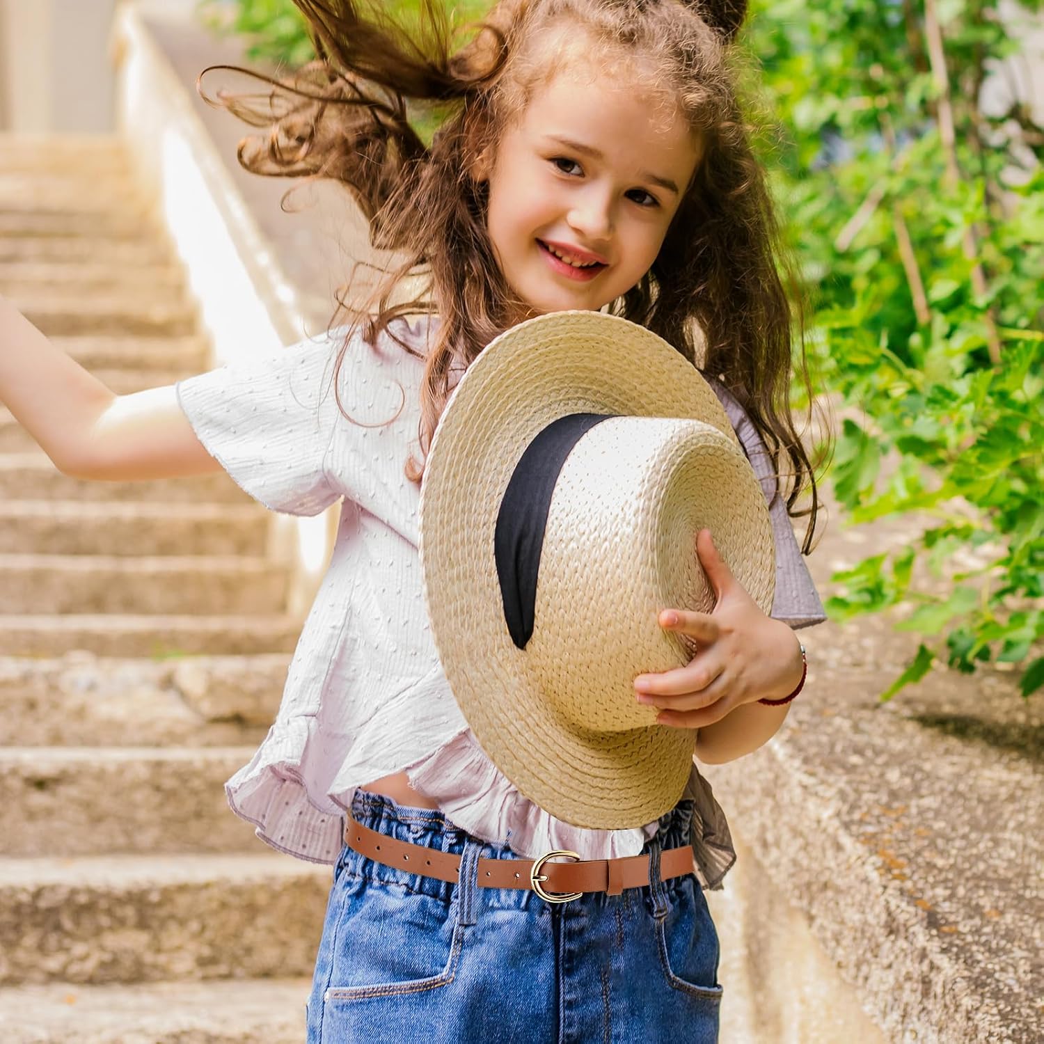 2 PCS Girls Belt 32.3" Elastic Leather Kids Belts, Exquisite Comfortable Skinny Strappy Waist Belt with Double O Ring Buckle (Black/Light Tan) - Image 7