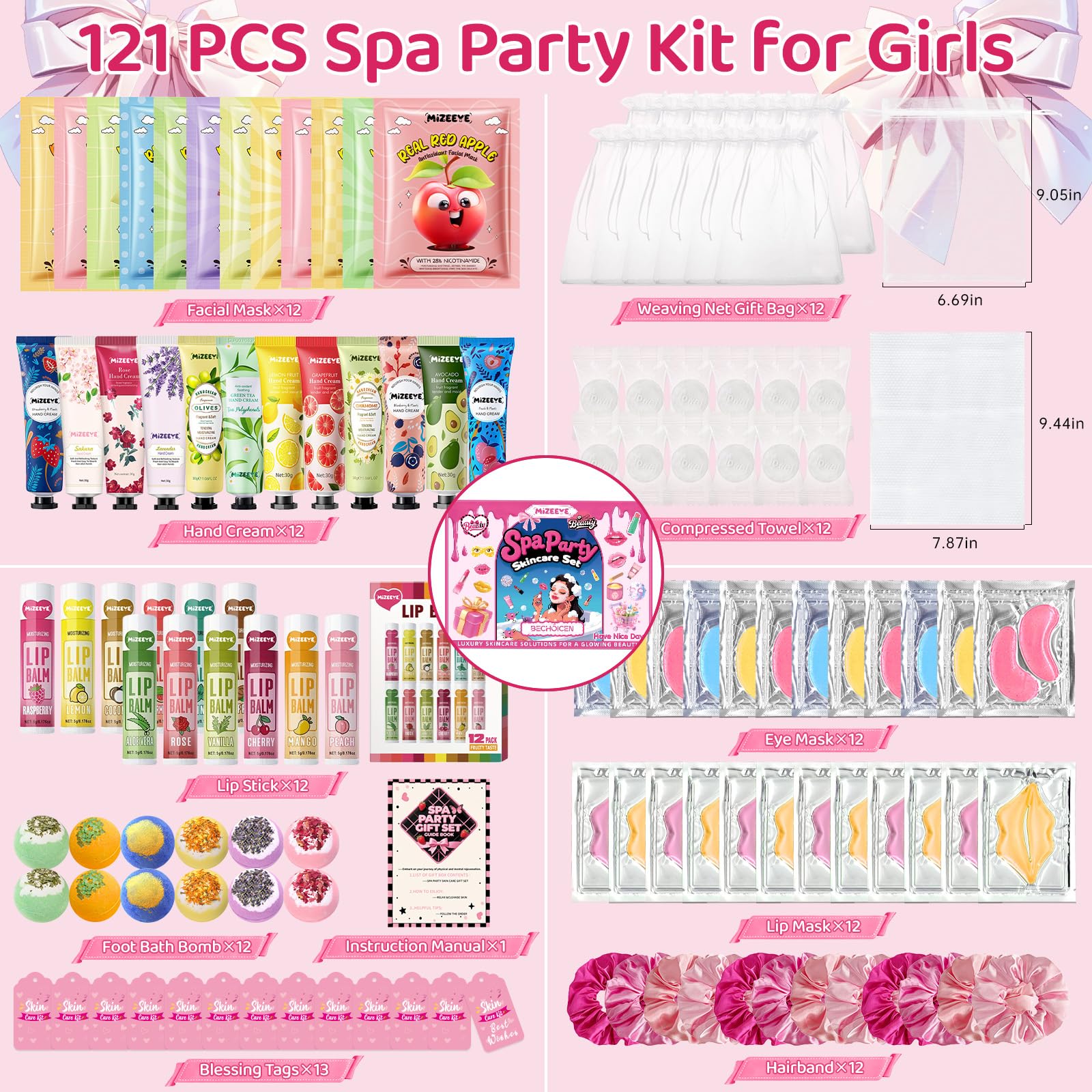 121 articoli per feste per pigiama party per ragazze, kit per pigiama party delicato per tutti i tipi di pelle, include maschera per viso, labbra e occhi, bombe per pediluvio, crema per le mani
