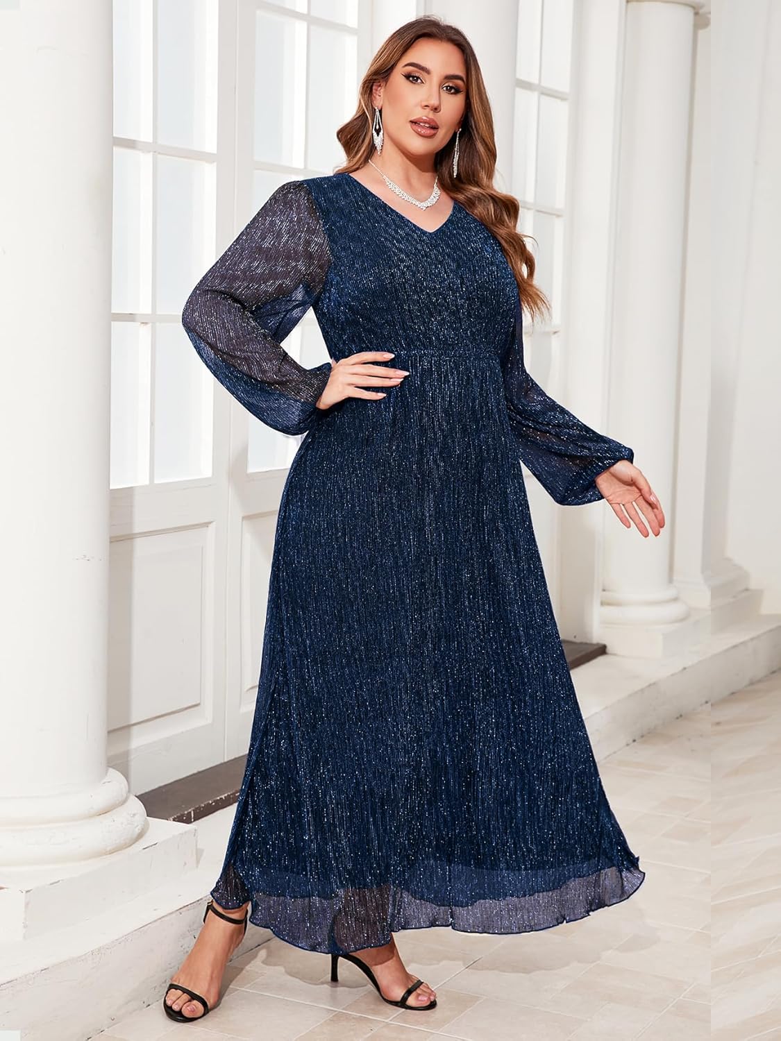 ZOMVA Plus Size 0X-4X Sparkly Mesh Maxi Formal Dress Long Sleeves V Neck A-line Flowy Dress Evening Gown Cocktail Formal - Image 3