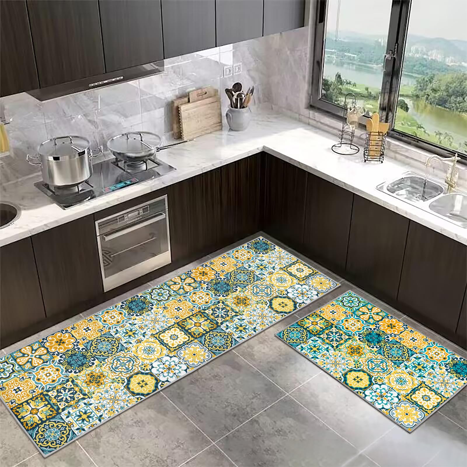 Juego de alfombrillas de cocina antideslizantes, lavables, adecuadas para habitación de los niños, entrada, exterior, cocina, vestíbulo. (Style G, 43 x 75 + 43 x 150 cm)