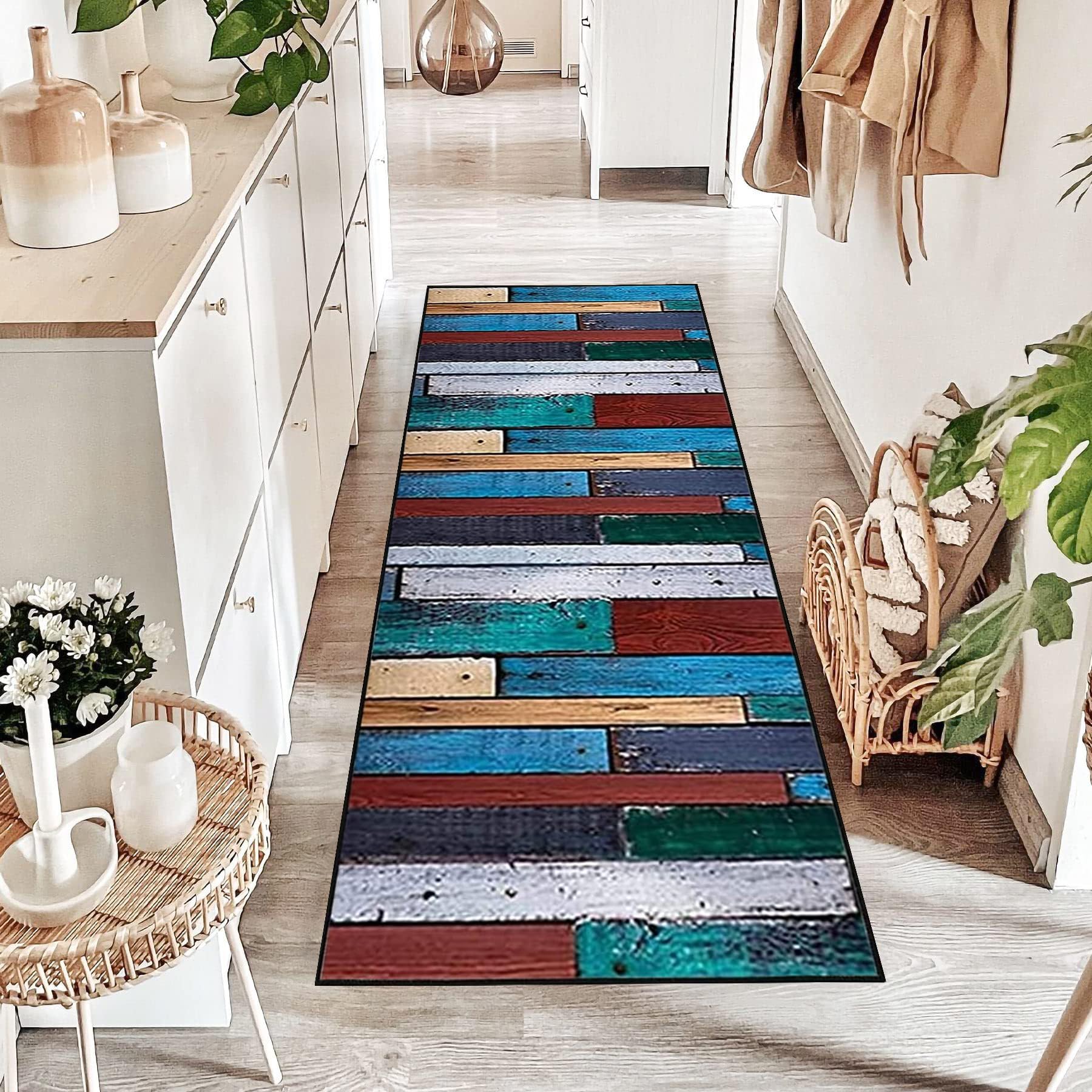 Teppich Läufer Flur Teppichläufer Küchenläufer Küche Teppiche rutschfest Waschbar Bettvorleger für Flur Waschküche, 120x400cm Blaue rote grüne Retro Holzplatte