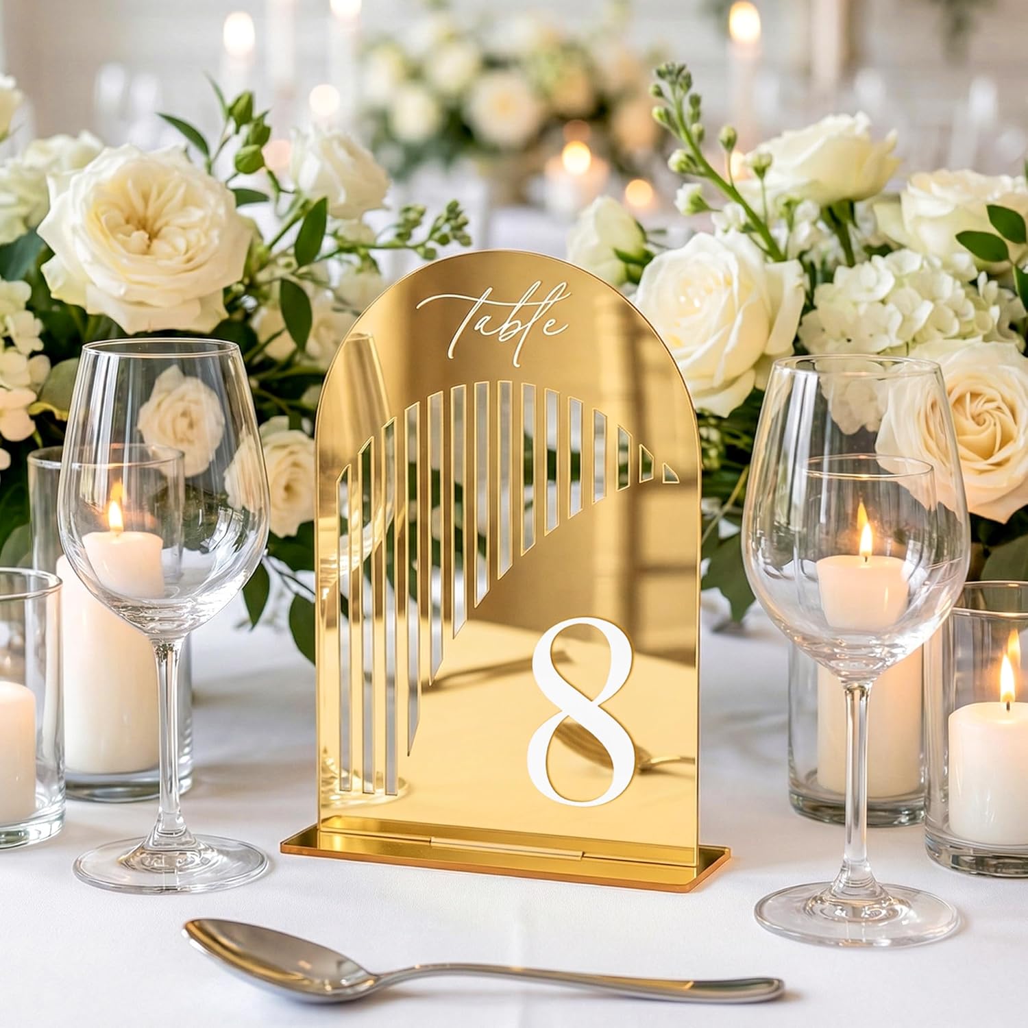 Gold Mirror Arch Wedding Table Numbers 1-10 w/Stand, Gold Mirror 5.5" x 7” Arch Acrylic Signs with Holders, Table Numbers for Wedding Reception, Centerpiece, Anniversary, Party, Event