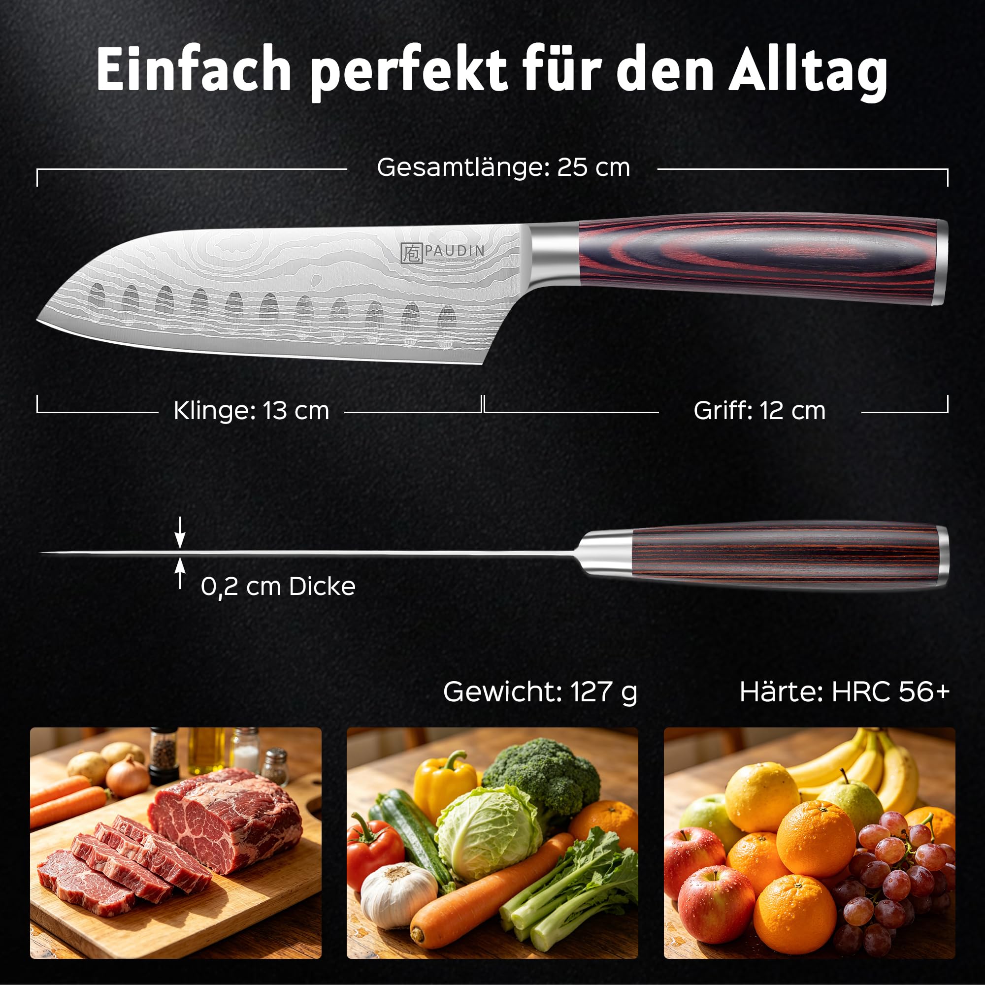PAUDIN Coltello Santoku da 13 cm, coltello da cucina giapponese in acciaio inossidabile ad alto tenore di carbonio, ergonomico e versatile per carne, verdura e frutta