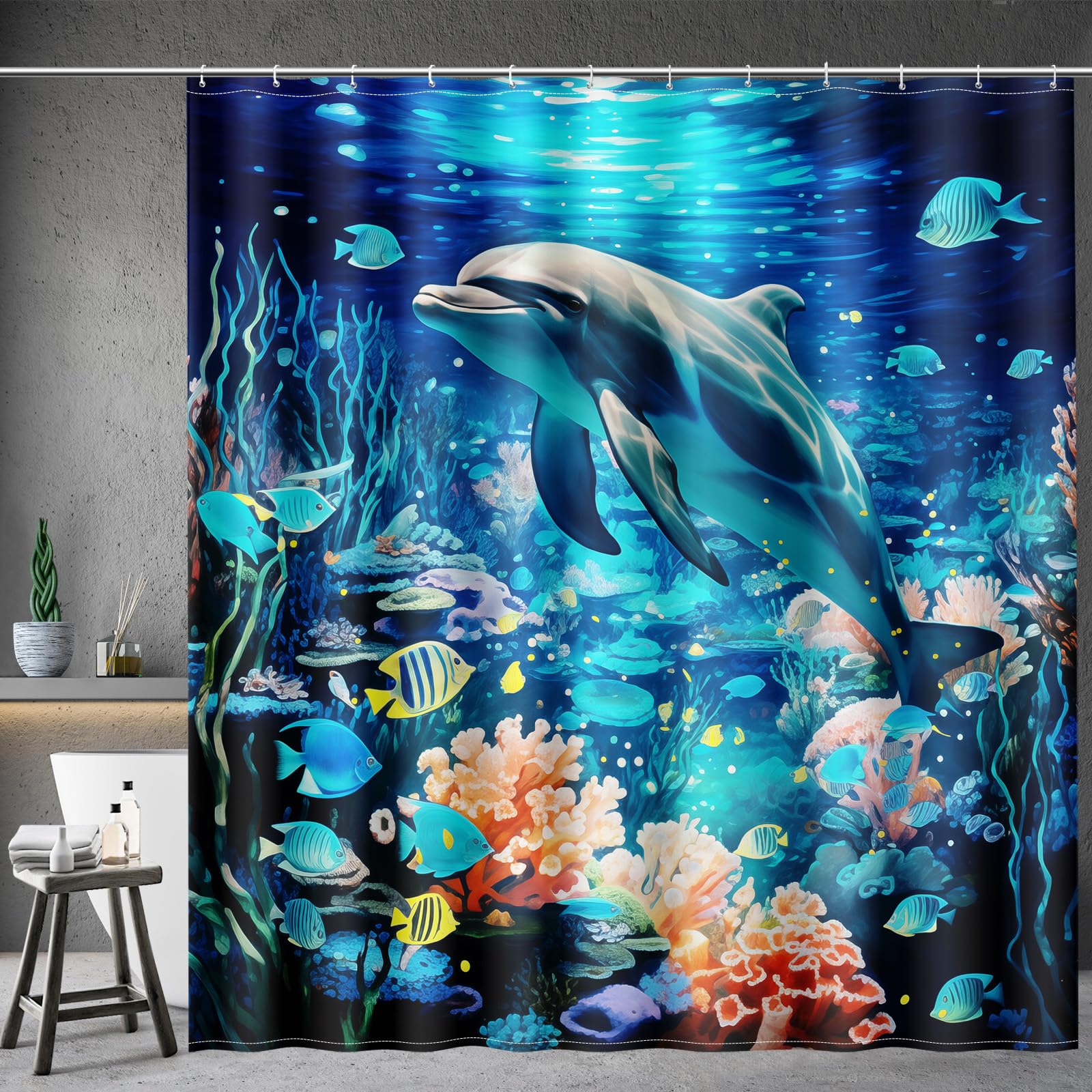 Aimego Dolphin Ocean Shower Curtain - Sea Tropical Fish Coral Summer Beach Underwater Nautical Fabric Cloth Bath Shower Curtain Set with 12 Hooks for Bathroom Decor Accessories, 72"x72"