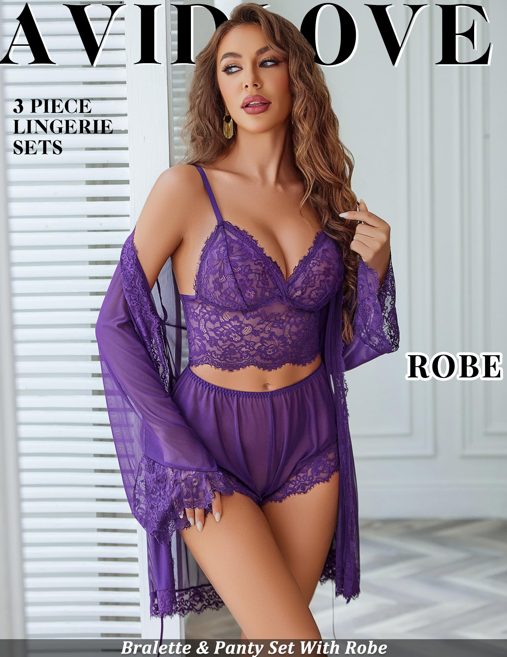 Avidlove Women Sexy Lingerie Set 3 Piece Lace Bralette and Panty Sets With Mesh Kimono Robe Sleepwear Exotic Nightgown: Medium Purple