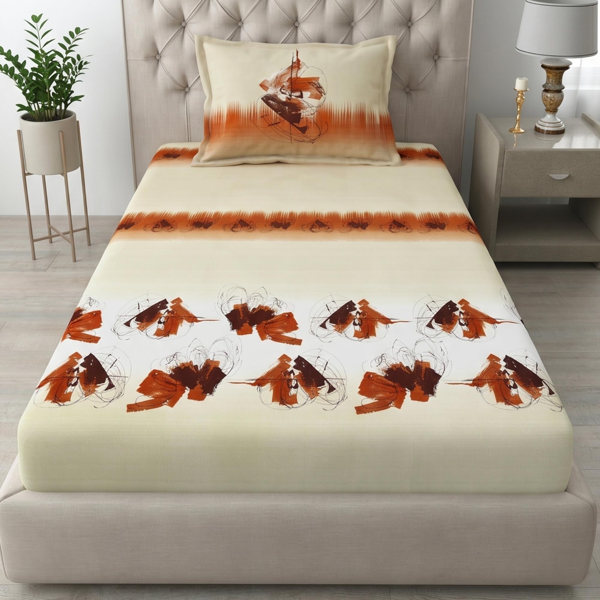 Mafatlal King Size Bedsheet - Beige Blue Leaf Print -21