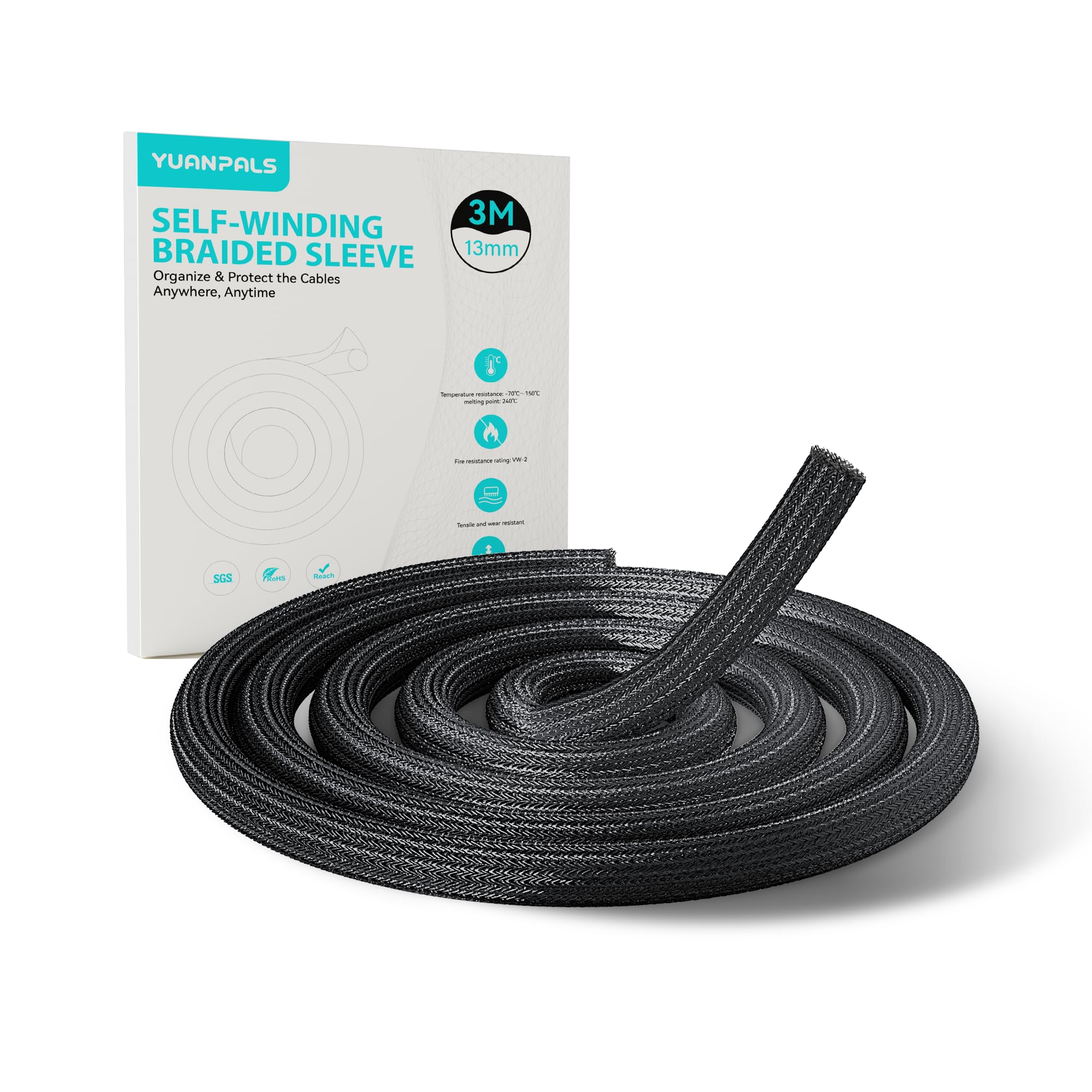YuanPals 13mm-3m Kabelschlauch Selbstschließend weiß für PC/TV, gewebter Kabelmantel, Kabelmanagement für Zuhause, Büro(Schwarz)