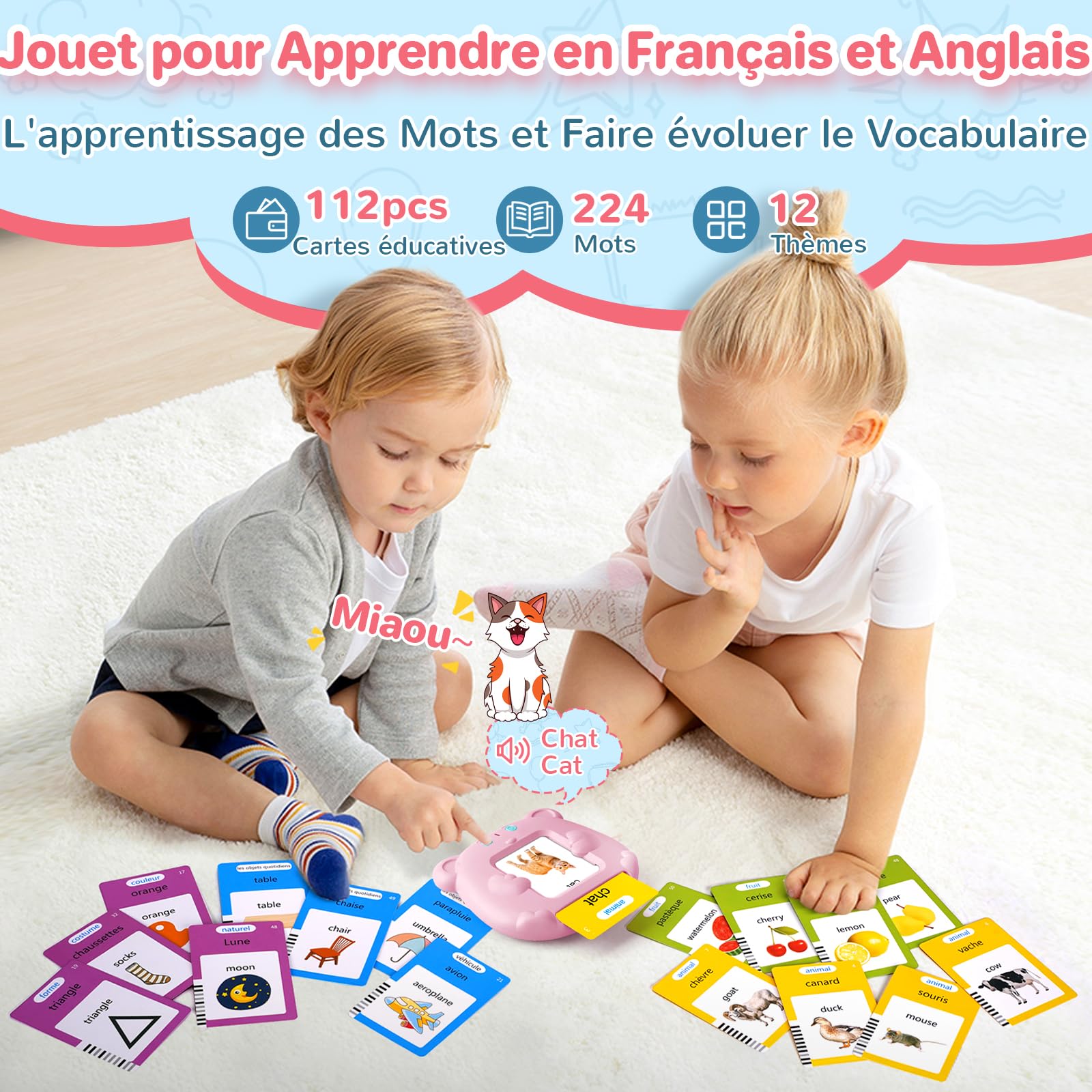 AHJ Schede Flash Cards Parlanti (Francese e Inglese), Giocattoli di Apprendimento per Bambini dai Anni, Educativi Prescolari da Ascoltare e Imparare di Base 112 Flashcard 224 Parole (Rosa)