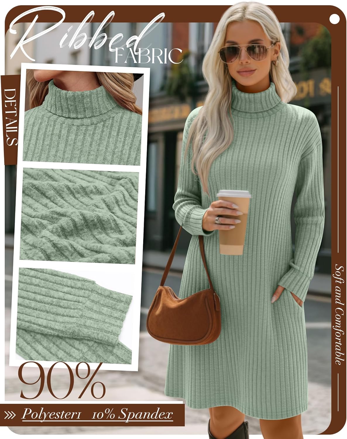 3 Pack Women's Long Sleeve Sweater Dresses, Ribbed Knit Turtle Neck Casual Tunic Dresses with Pockets Fall Outfits - Image 4