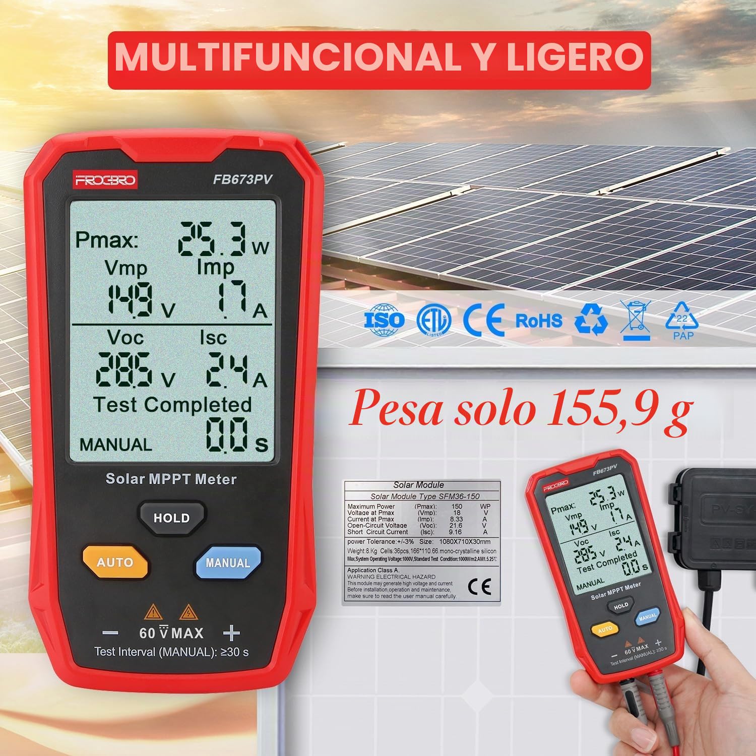 FB673PV Probador de Paneles Solares, Multímetro Fotovoltaico 800W | Medición MPPT con LCD Claro, Diagnóstico Inteligente de Voltaje de Circuito Abierto, Prueba de Datos de Módulos Fotovoltaicos