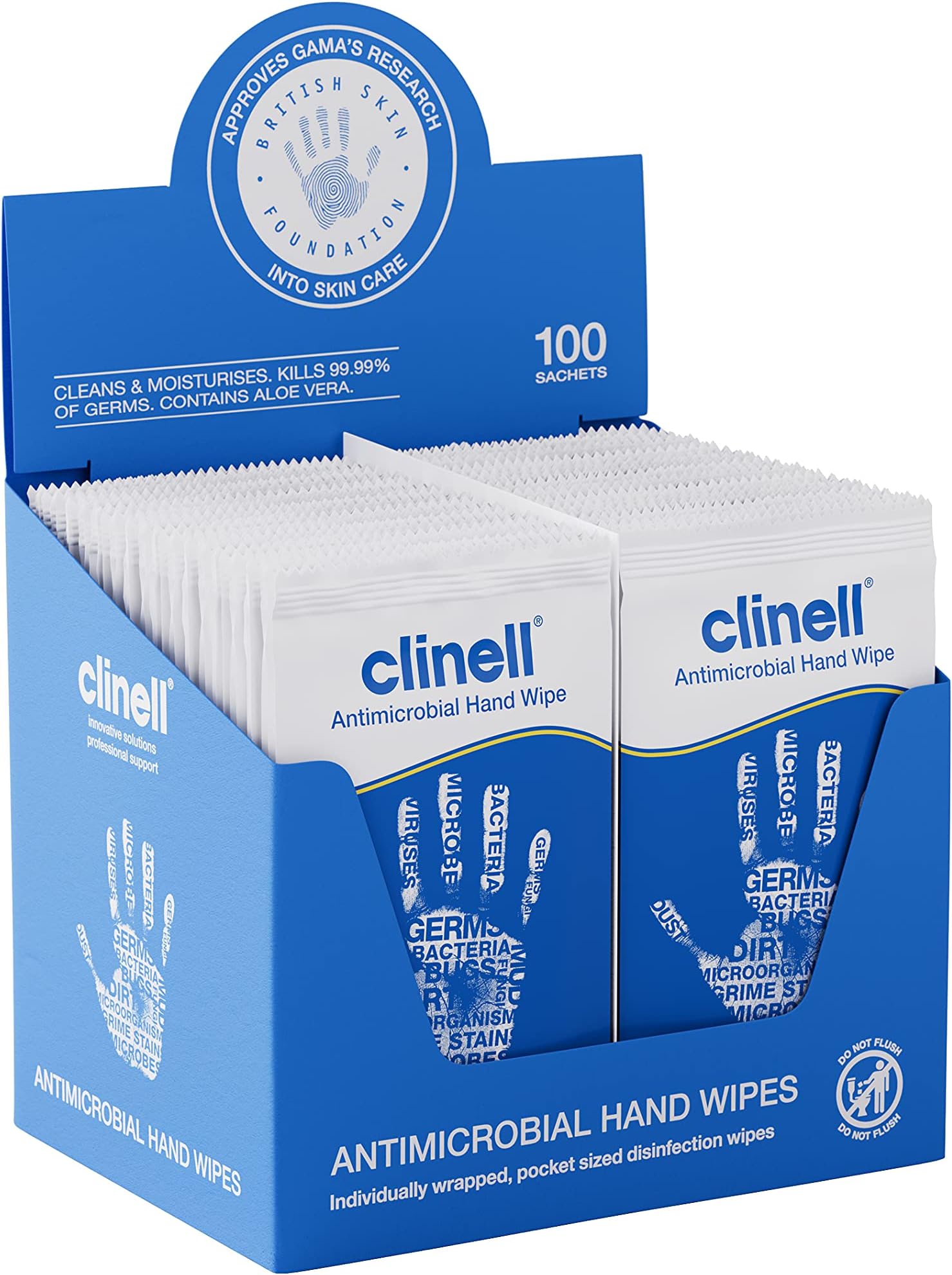 Antimicrobial Hand Wipes - Pack of 100 Individually Wrapped Sachets - Sanitising Wipes, Ideal for Travel - Dermatologically Tested, Kills 99.99% of Germs