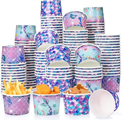 150 piezas de suministros para fiesta de sirena, tazas de papel de helado de sirena, cuencos de papel desechables para aperitivos, cuencos de papel