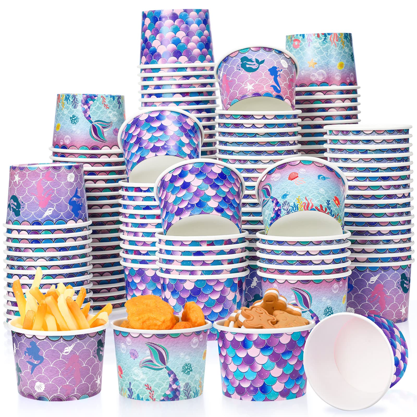 150 Pieces Mermaid Party Supplies Mermaid Cups Paper Ice Cream Disposable Snack Bowls Paper Dessert Soup Bowls for Hot or Cold Food, Kids Ocean Theme