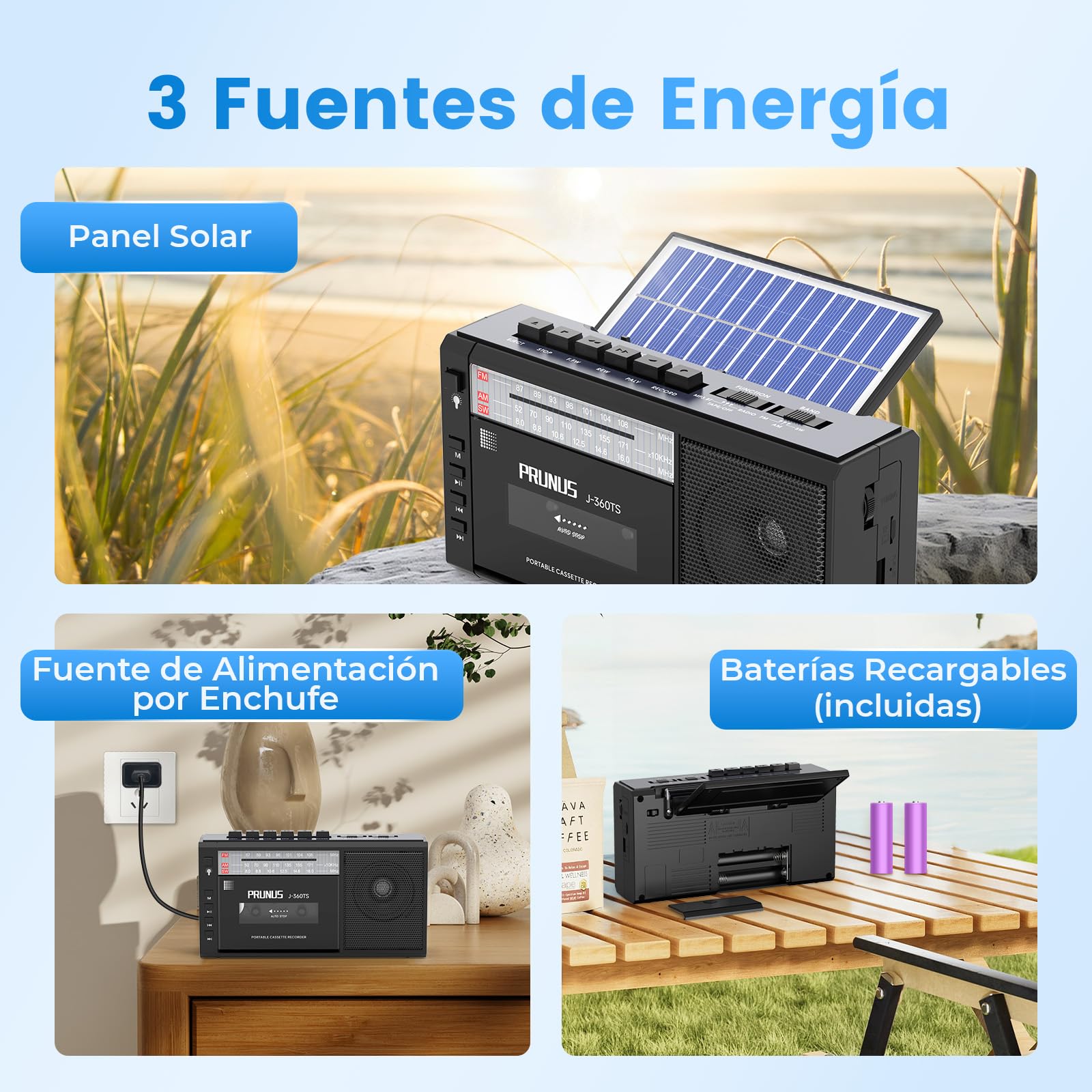 PRUNUS J-360 Reproductor Cassette con Bluetooth, Am/FM Radio Solar y Recargable, Radio Cassette Player con Toma de Auriculares, Reproductor de TF/USB.