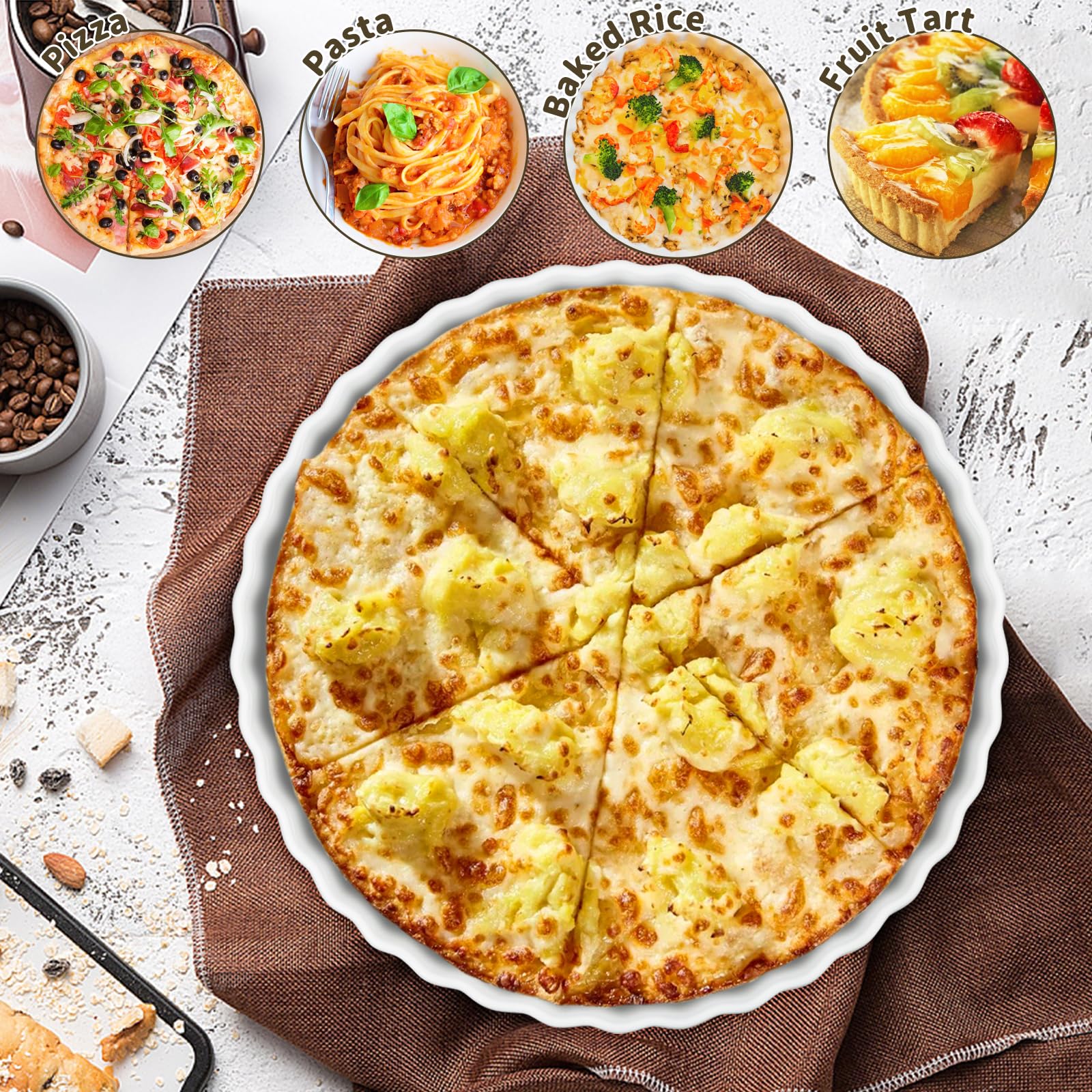 Plat à quiche en porcelaine blanche de 26 x 4 cm, plat à tarte, plat à tarte, plat à tarte, plat à tarte et quiche en céramique pour tarte, pizza, pâtes, tarte et quiche