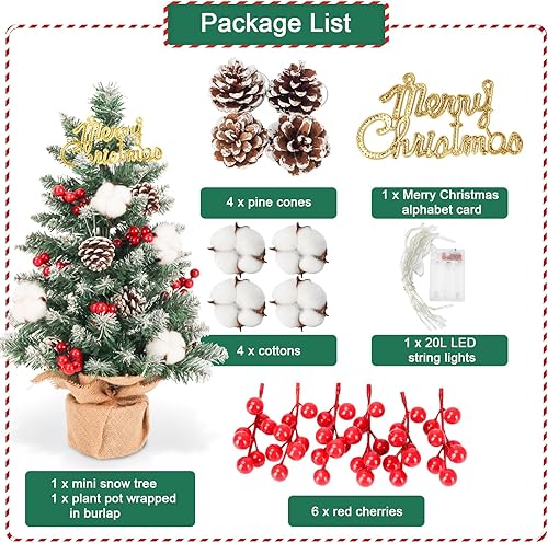 Miniatura 3 de Mini árbol de Navidad artificial, de 21 pulgadas, pequeño árbol de Navidad flocado de nieve con adornos colgantes para vacaciones, interiores,