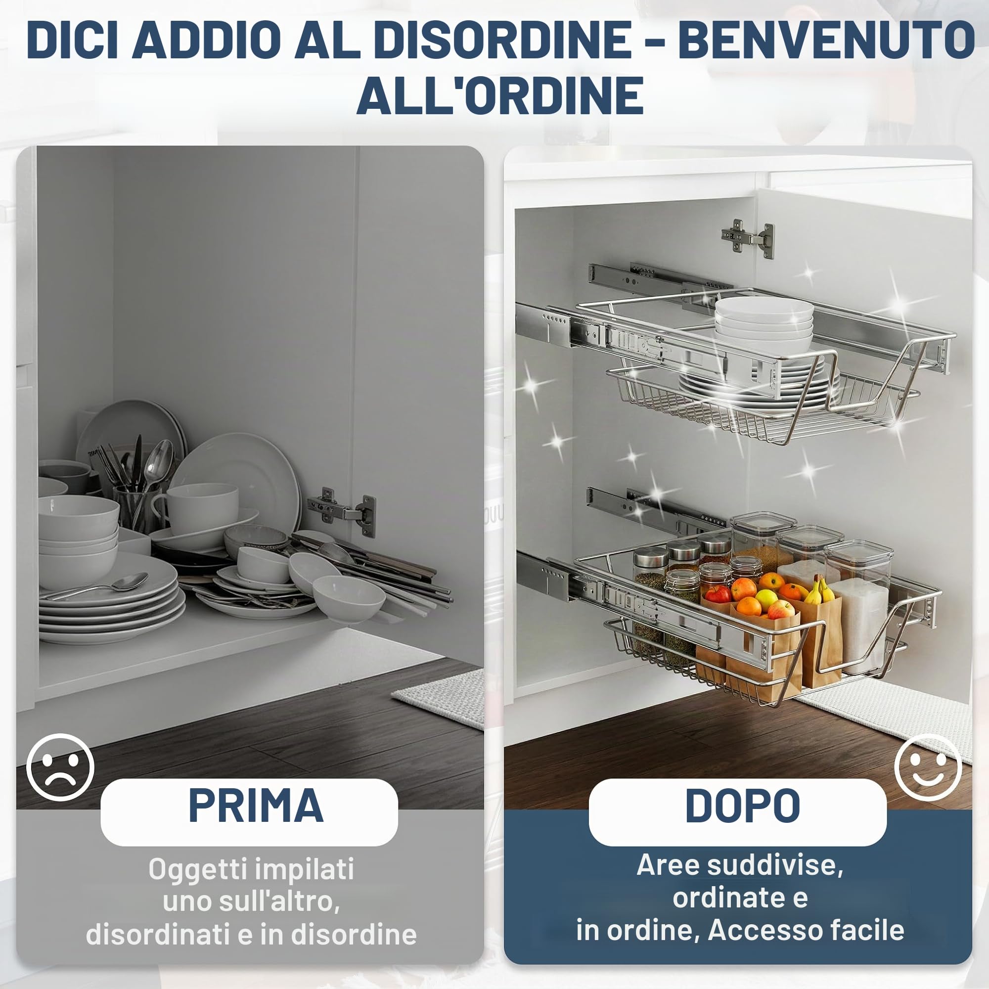 NAIZY 2x Cestello Estraibile 60 cm Cassetto Estraibile Cucina Organizer da cucina Argento in solido acciaio inossidabile Organizer cassetti (larghezza effettiva 57 cm, 2 pezzi)