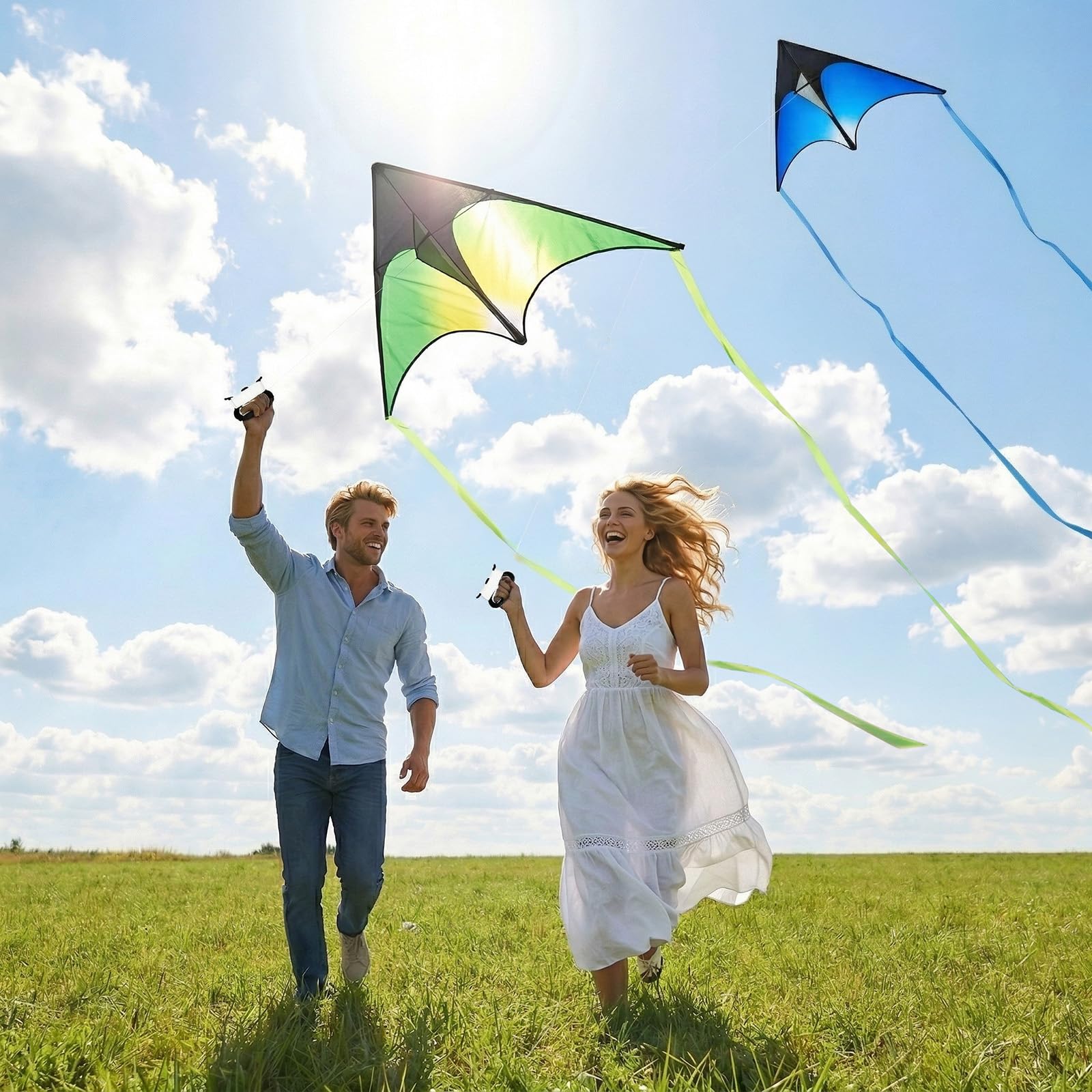 GREENSAPPIRE 2 PCS Delta Kite set for Kids and Adults Extremely Easy to Fly for Beginners Kites for Beach Trips and Parks Family Outdoor Games and Activities Green & Blue