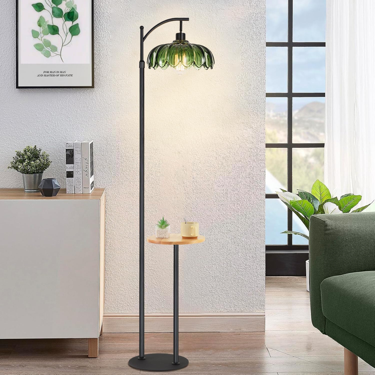 KZT Stehlampe Wohnzimmer mit Fernbedienung Dimmbar Stehleuchte mit Ablage Höhenverstellbar 177CM Vintage Stehlampe mit Fußschalter Leselampe für Schlafzimmer Büro Floor Lamp, E27 Glühbirne, Schwarz
