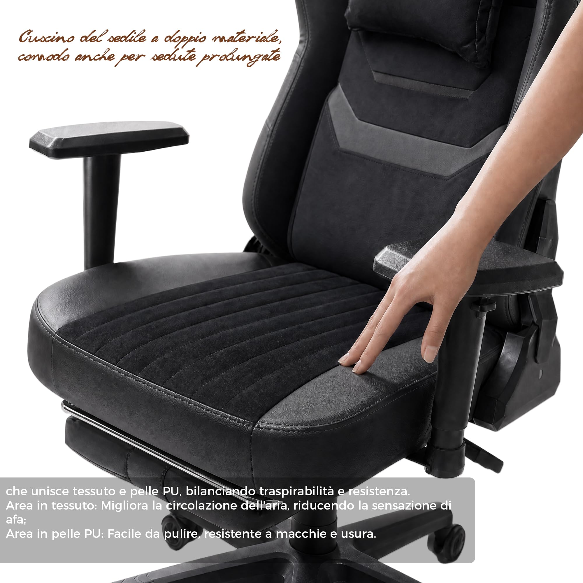 JUMMICO Sedia da Gaming XL Ergonomica per Adulti, Poltrona Ufficio Rinforzata 200kg, Braccioli 2D, Poggiapiedi Retrattile, Schienale Reclinabile 90-170°, Nero