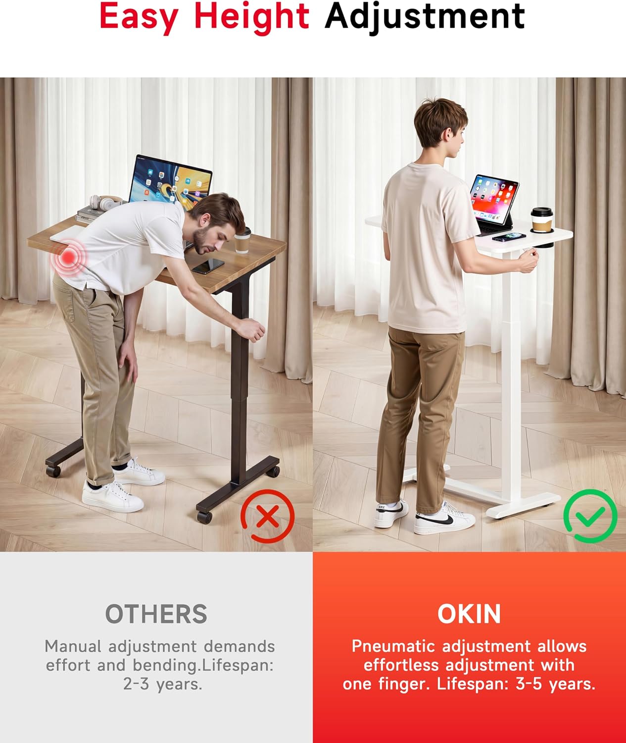 Okin Adjustable Bedside Table with Swivel Hidden Wheels Pneumatic Rolling Desk Mobile Standing Desk with Cup Holder for Hospital Home(27.6"x15.8" White)