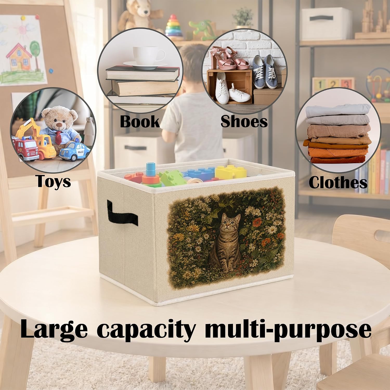 Dark Cottagecore Tabby Cat Floral Storage Bins with Handles, Tabby Cat Gifts Collapsible Laundry Basket Organizer for Bathroom Bedroom, Kitten Wildflower Decorative Storage Boxes image 5