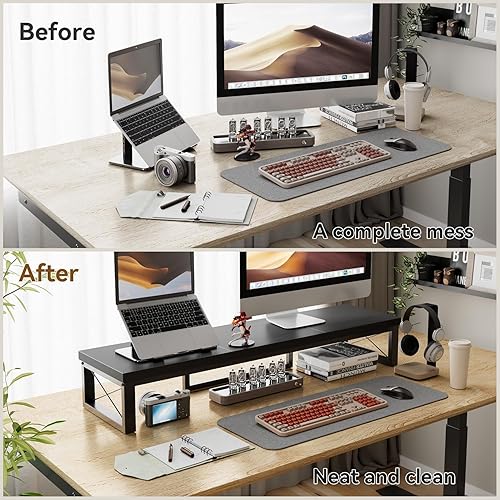 Miniatura 7 de IBUYKE Soporte elevador grande para monitor doble para 2 monitores, soporte de madera para monitor de computadora de escritorio, estante de